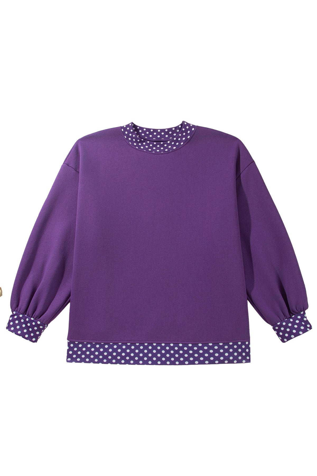 Tillandsia Purple Polka Dot Patchwork Round Neck Plus Size Sweatshirt