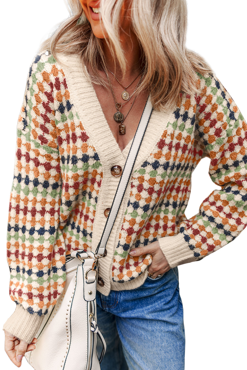 Multicolour Dotty Pattern Knit Button Front V Neck Sweater Cardigan-TOPS / DRESSES-[Adult]-[Female]-2022 Online Blue Zone Planet