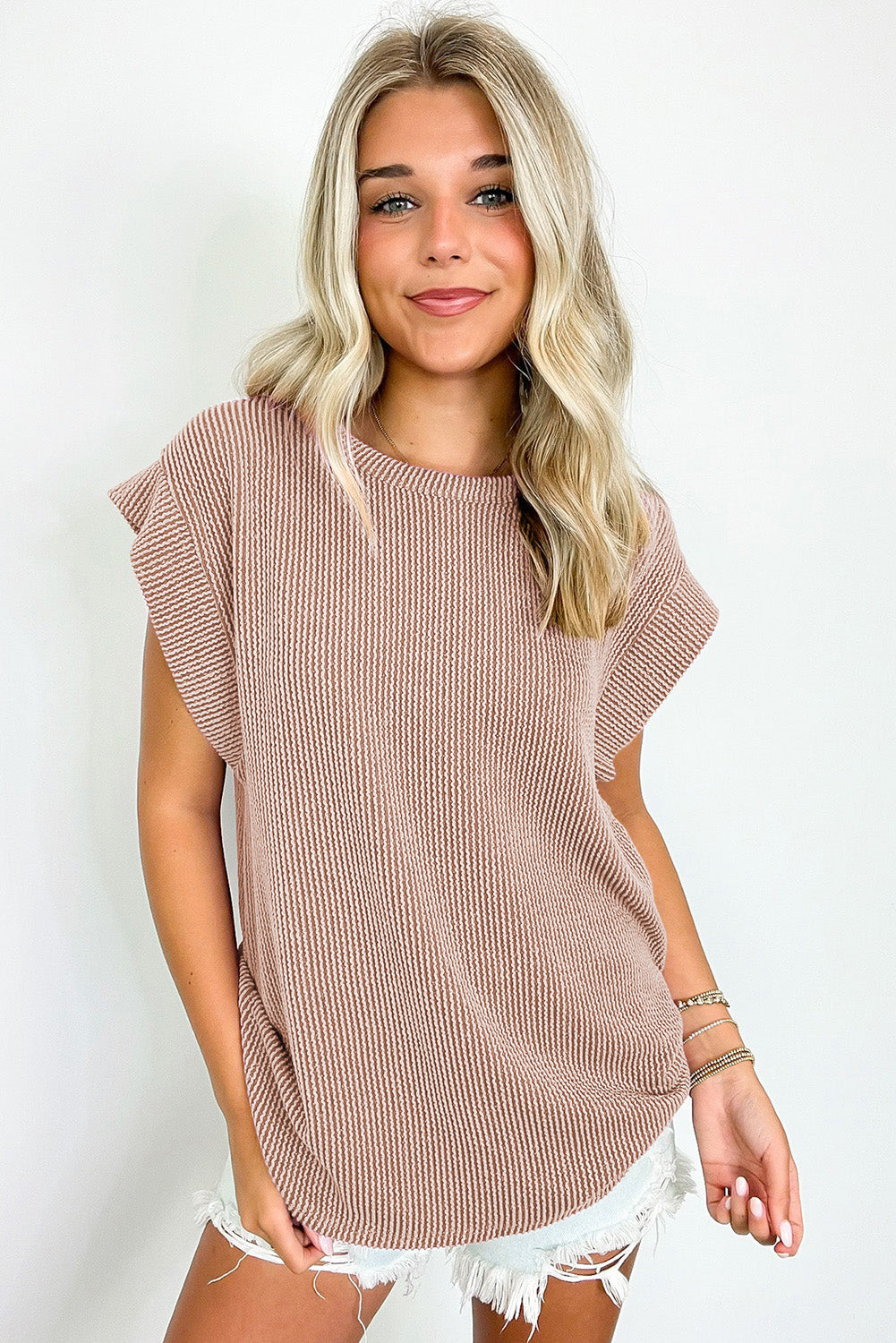Dark Khaki Twisted Rib Wide Sleeve Crew Neck T Shirt-Tops/Tops & Tees-[Adult]-[Female]-2022 Online Blue Zone Planet