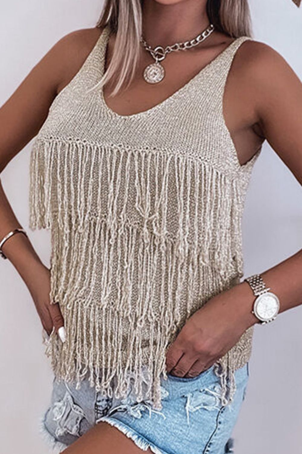 Fringe V-Neck Knit Tank-TOPS / DRESSES-[Adult]-[Female]-2022 Online Blue Zone Planet