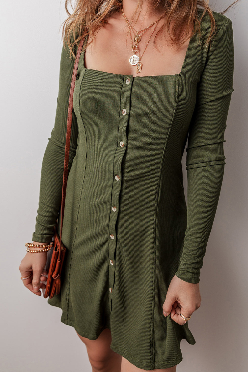 Guacamole Green Rib Knit Square Neck Buttoned Long Sleeve Mini Dress-Dresses/Mini Dresses-[Adult]-[Female]-2022 Online Blue Zone Planet