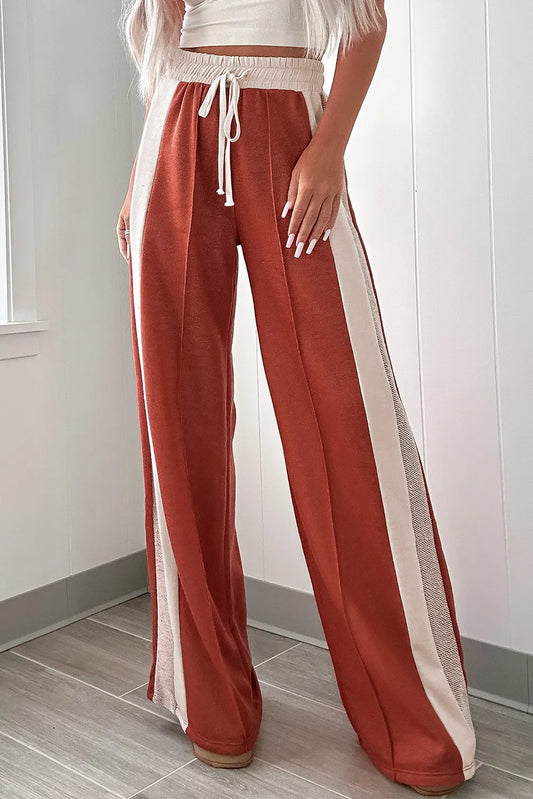 Drawstring Contrast Wide Leg Pants-BOTTOMS SIZES SMALL MEDIUM LARGE-[Adult]-[Female]-Orange-Red-S-2022 Online Blue Zone Planet