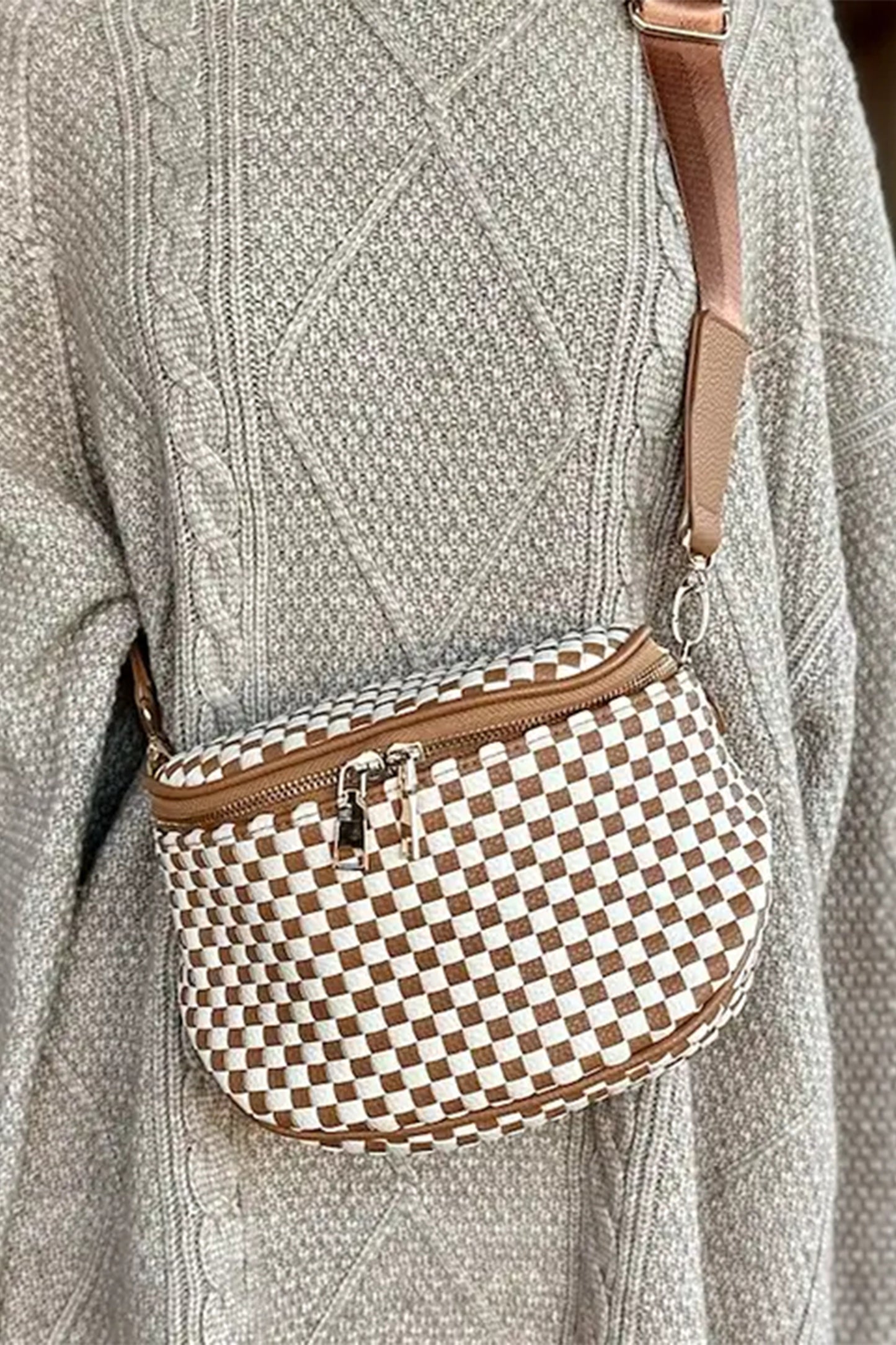 Straw Yellow Checkerboard Woven Zip Crossbody Bag