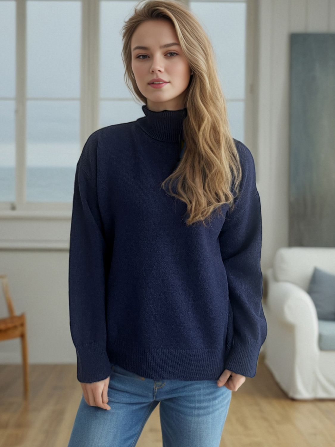 Blue Zone Planet | Turtleneck Dropped Shoulder Long Sleeve Sweater-TOPS / DRESSES-[Adult]-[Female]-Dark Blue-One Size-2022 Online Blue Zone Planet