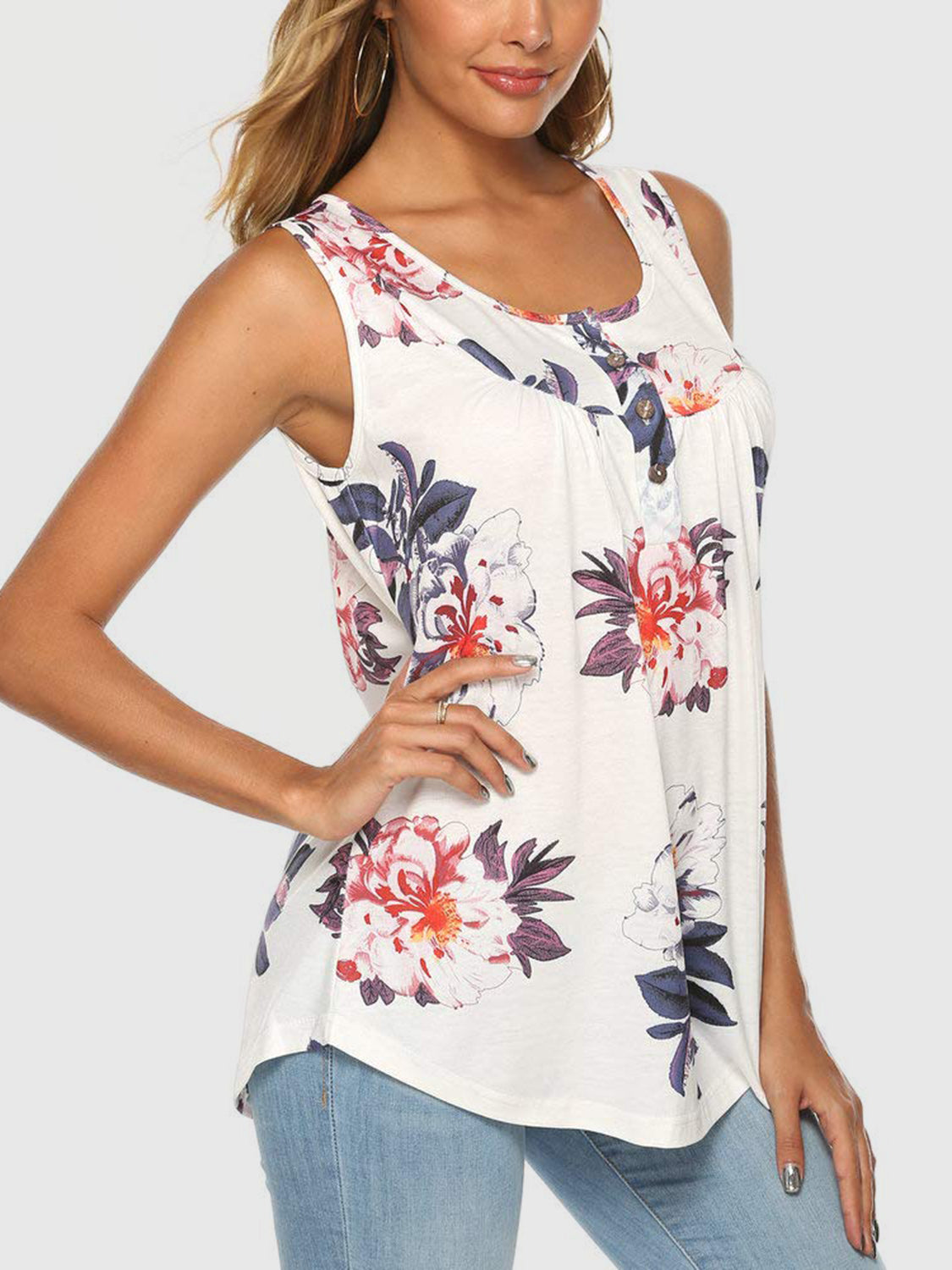 Flower Printed Round Neck Tank-TOPS / DRESSES-[Adult]-[Female]-2022 Online Blue Zone Planet