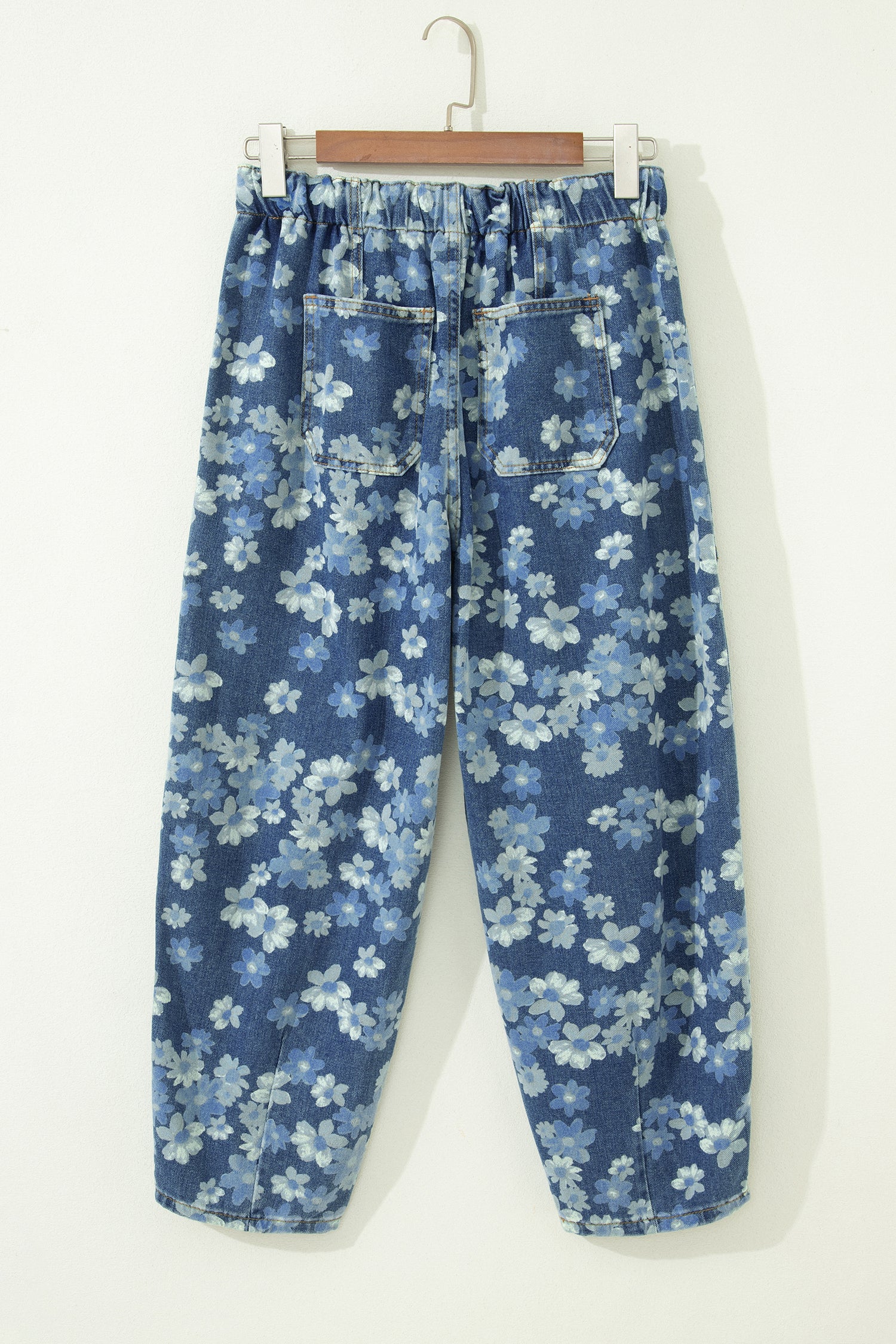 Sky Blue Dainty Floral Printed Drawstring Barrel Jeans-Bottoms/Jeans-[Adult]-[Female]-2022 Online Blue Zone Planet