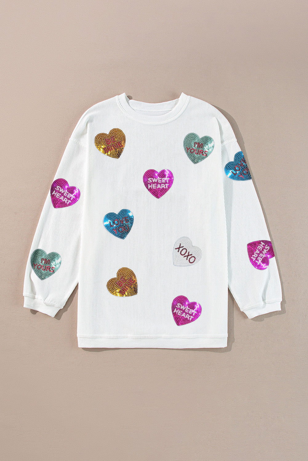 White Letter Print Heart Graphic Valentines Corded Crewneck Sweatshirt-Graphic Sweatshirts-[Adult]-[Female]-2022 Online Blue Zone Planet