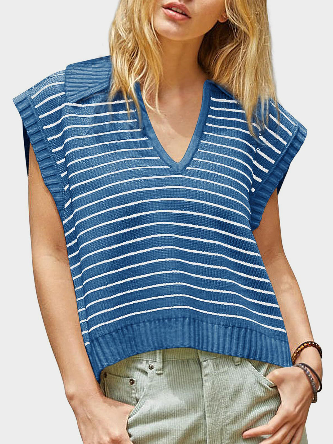 Blue Zone Planet | Mandy Collared Neck Striped Sweater Vest-TOPS / DRESSES-[Adult]-[Female]-2022 Online Blue Zone Planet