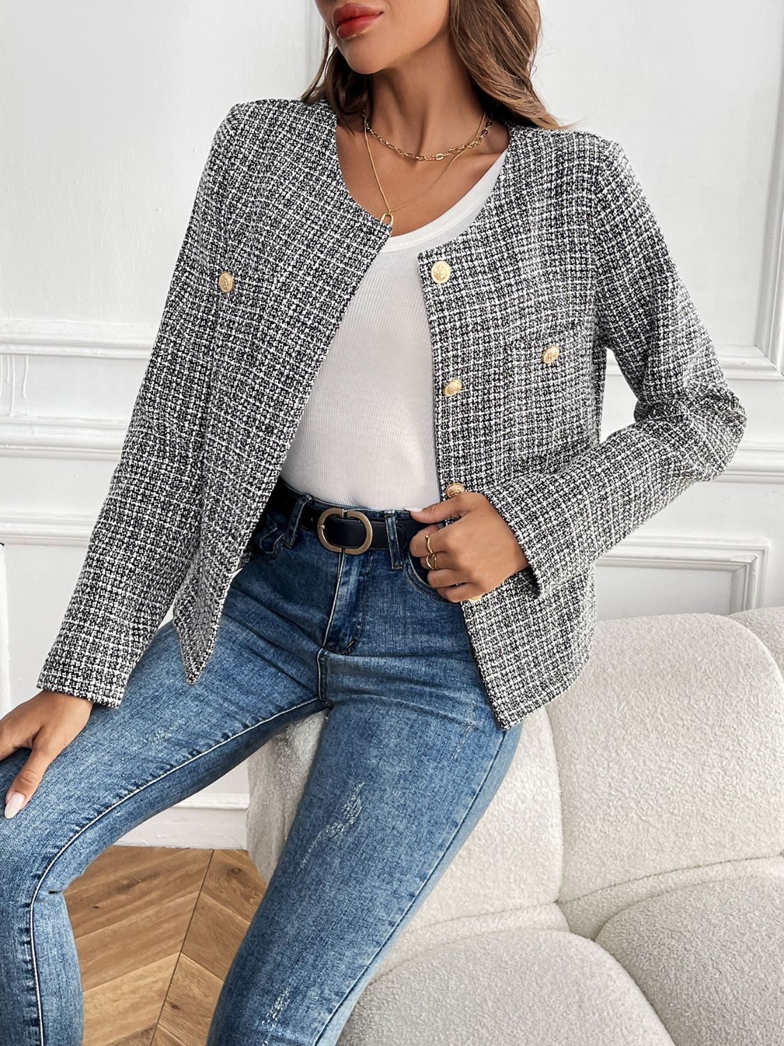 Perfee Plaid Long Sleeve Outerwear-TOPS / DRESSES-[Adult]-[Female]-2022 Online Blue Zone Planet