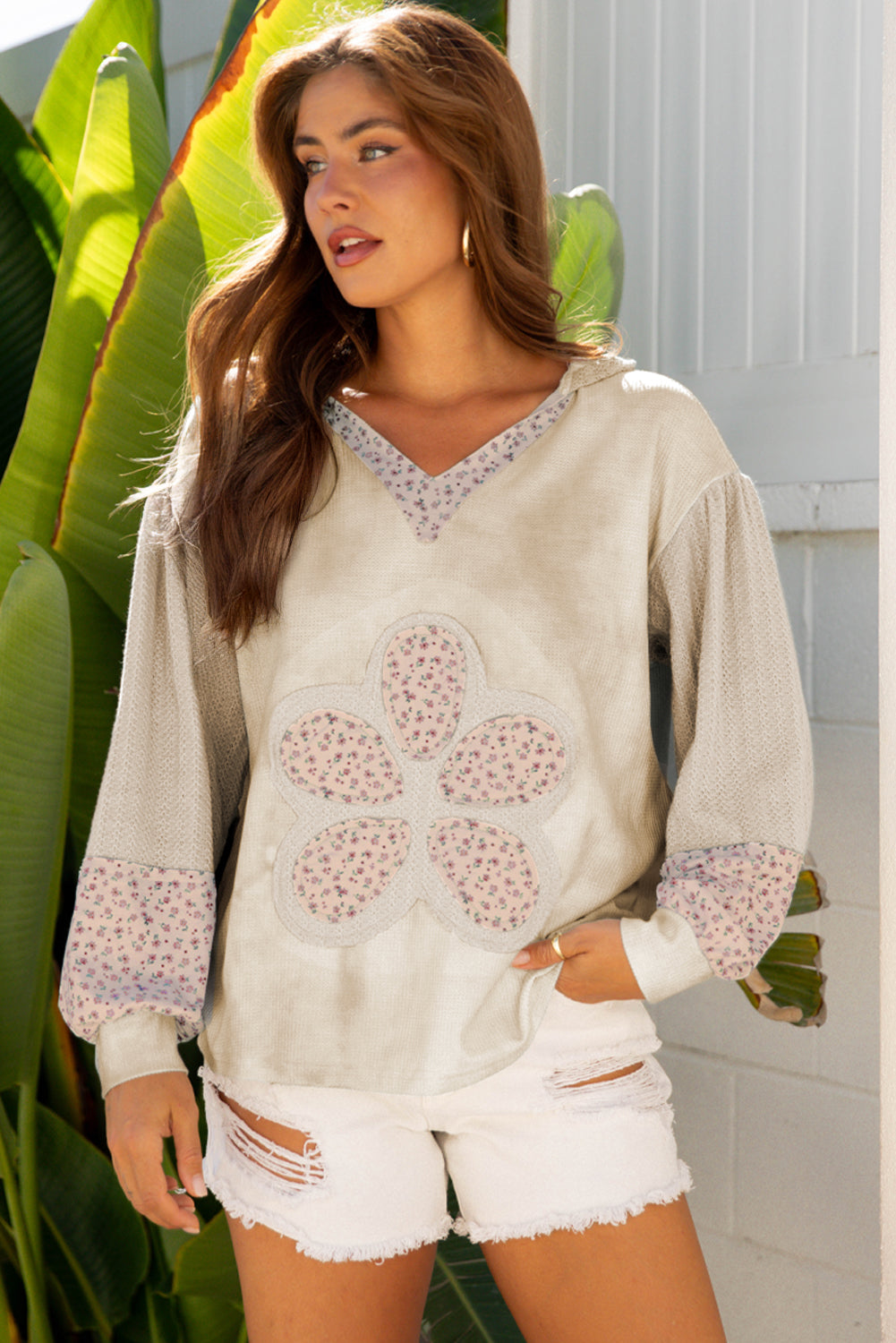 Pink Floral Patched Waffle Textured Colorblock V Neck Casual Hooded Top-Tops / Dresses-[Adult]-[Female]-2022 Online Blue Zone Planet