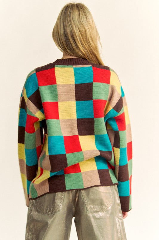 Davi & Dani Color Block Checkered Dropped Shoulder Sweater-TOPS / DRESSES-[Adult]-[Female]-2022 Online Blue Zone Planet