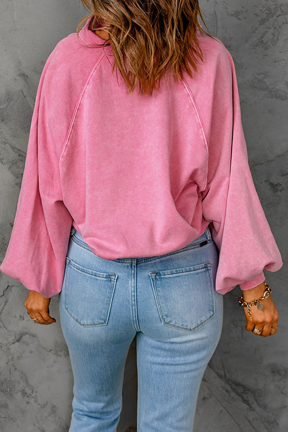 Blue Washed Snap Buttons Lantern Sleeve Pullover Sweatshirt-Tops/Sweatshirts & Hoodies-[Adult]-[Female]-2022 Online Blue Zone Planet