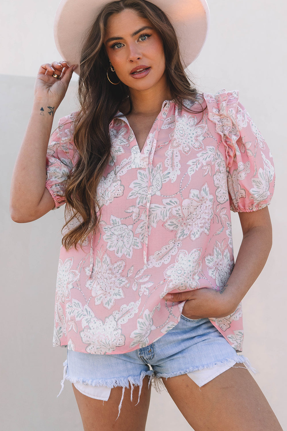 Pink Floral Print Drawstring V Neck Puff Sleeve Loose Blouse-Tops/Blouses & Shirts-[Adult]-[Female]-Pink-S-2022 Online Blue Zone Planet