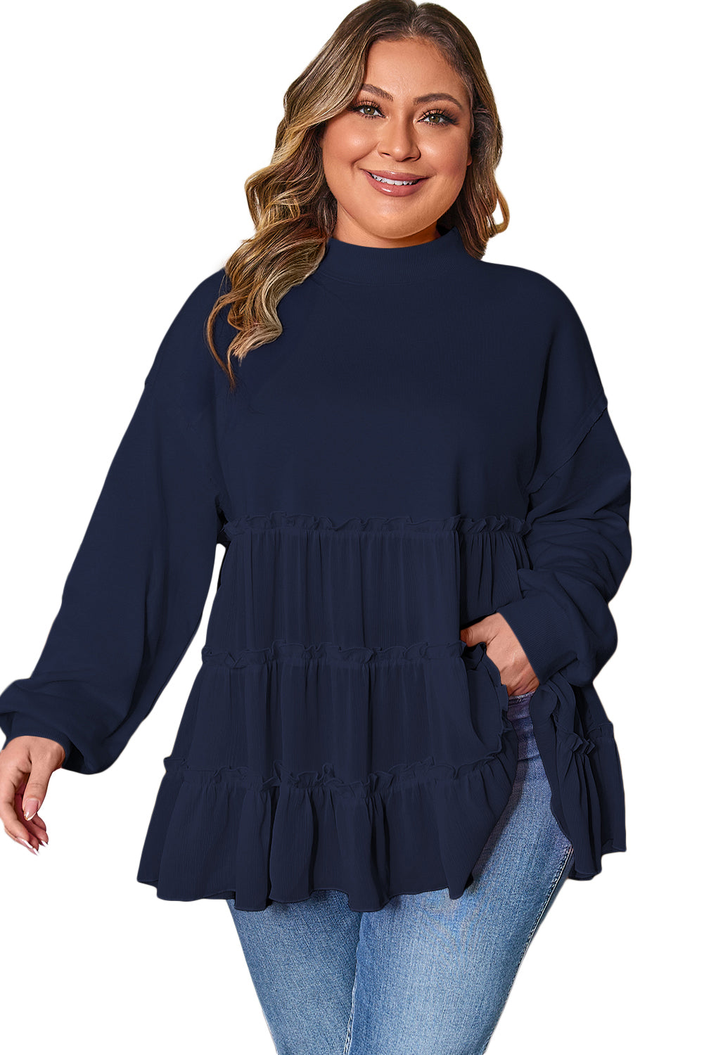 Navy Blue Tiered Ruffle Ribbed Crew Neck Pullover Plus Size Top-Plus Size/Plus Size Tops/Plus Size Blouses & Shirts-[Adult]-[Female]-2022 Online Blue Zone Planet