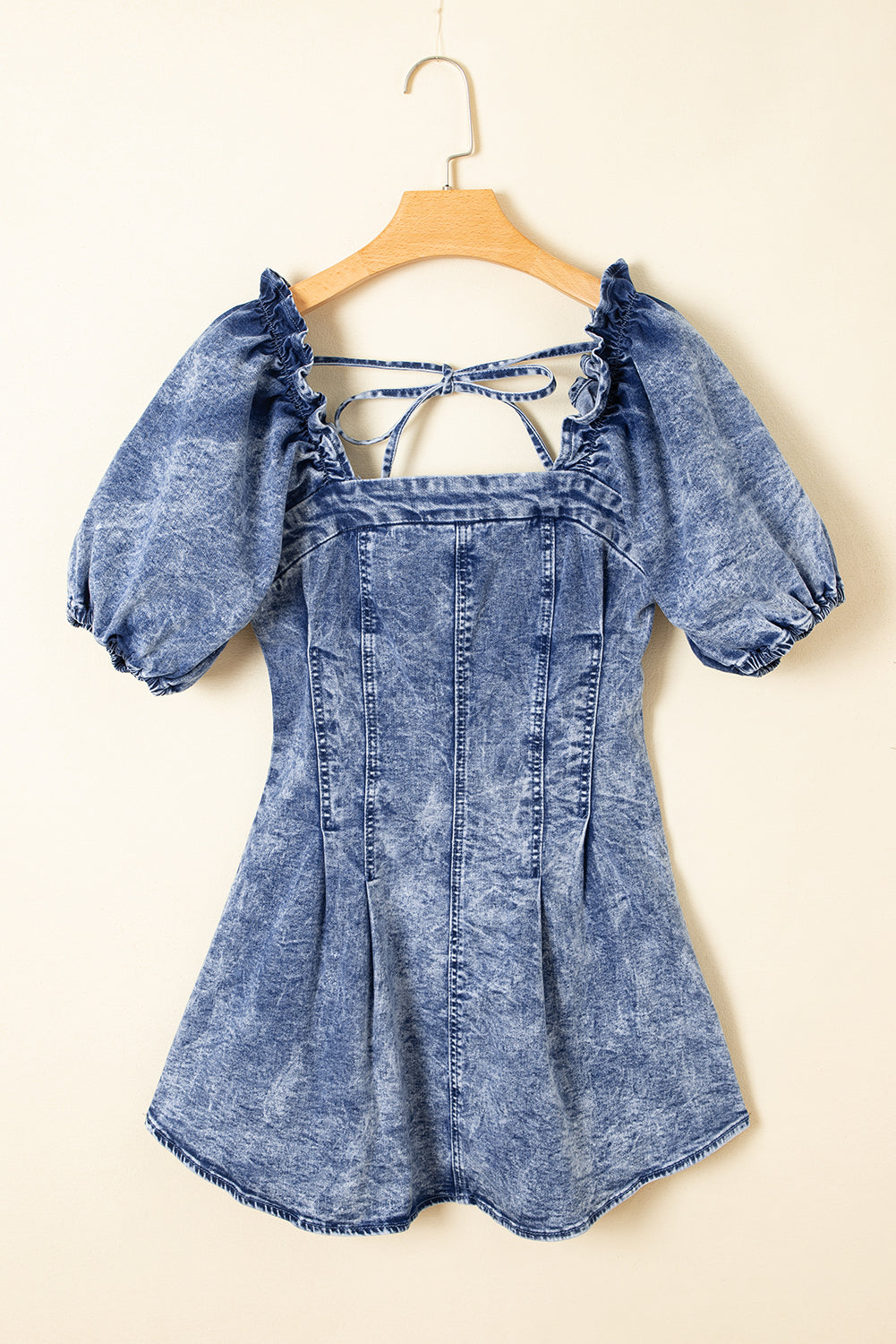 Blue Frilly Square Neck Bustier Puff Sleeve Short Denim Dress-TOPS / DRESSES-[Adult]-[Female]-2022 Online Blue Zone Planet