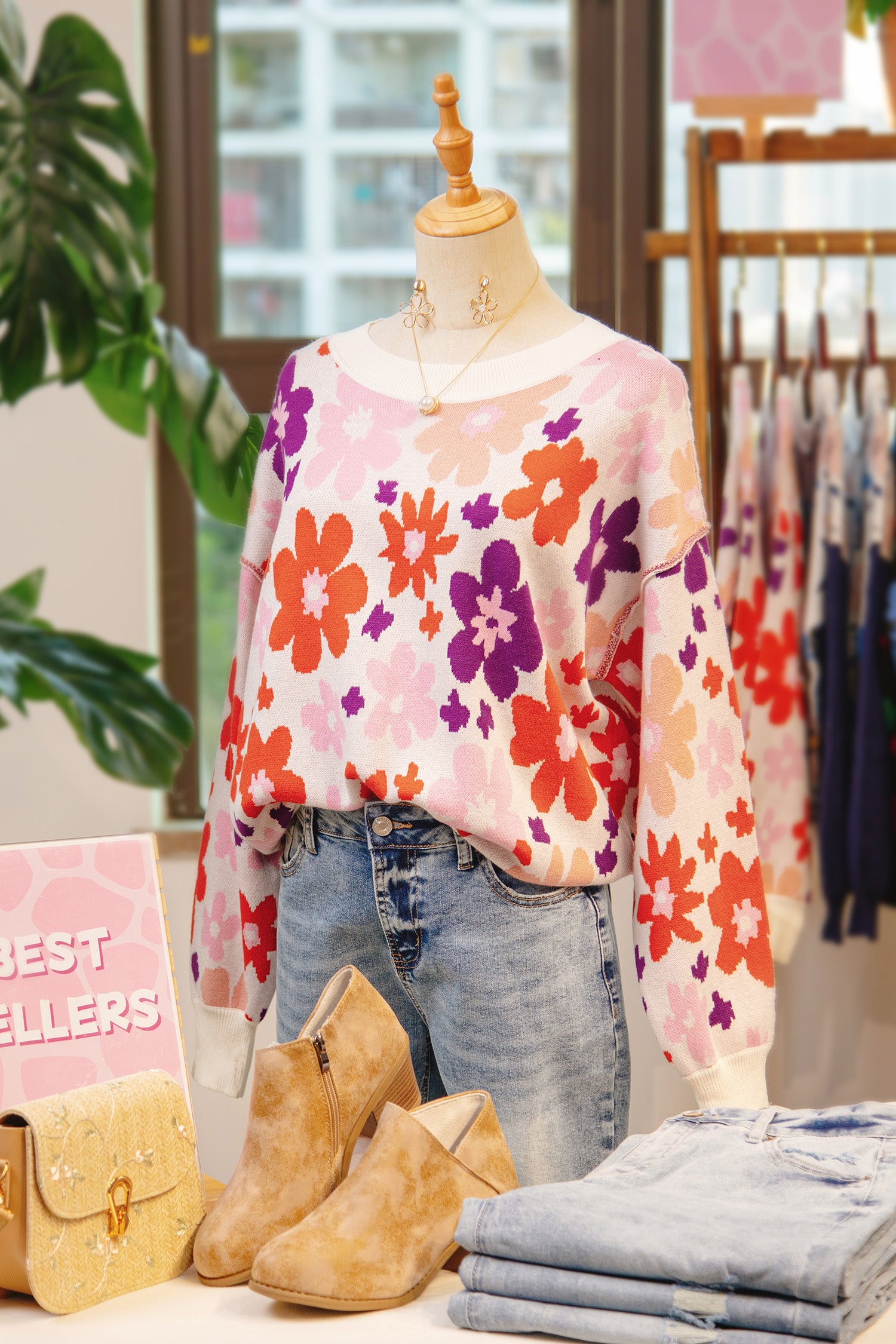 Khaki Fall Floral Pattern Drop Shoulder Sweater-TOPS / DRESSES-[Adult]-[Female]-2022 Online Blue Zone Planet