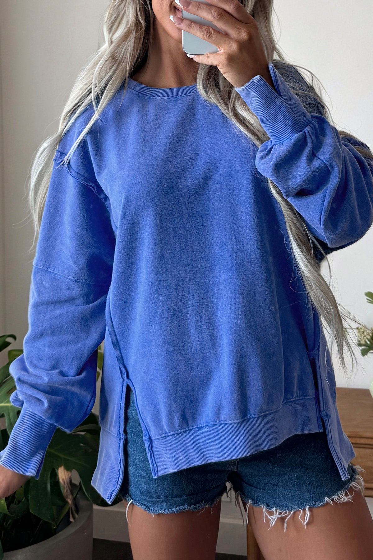 Sky Blue Mineral Wash Split Hem Loose Tunic Sweatshirt-Tops/Sweatshirts & Hoodies-[Adult]-[Female]-2022 Online Blue Zone Planet