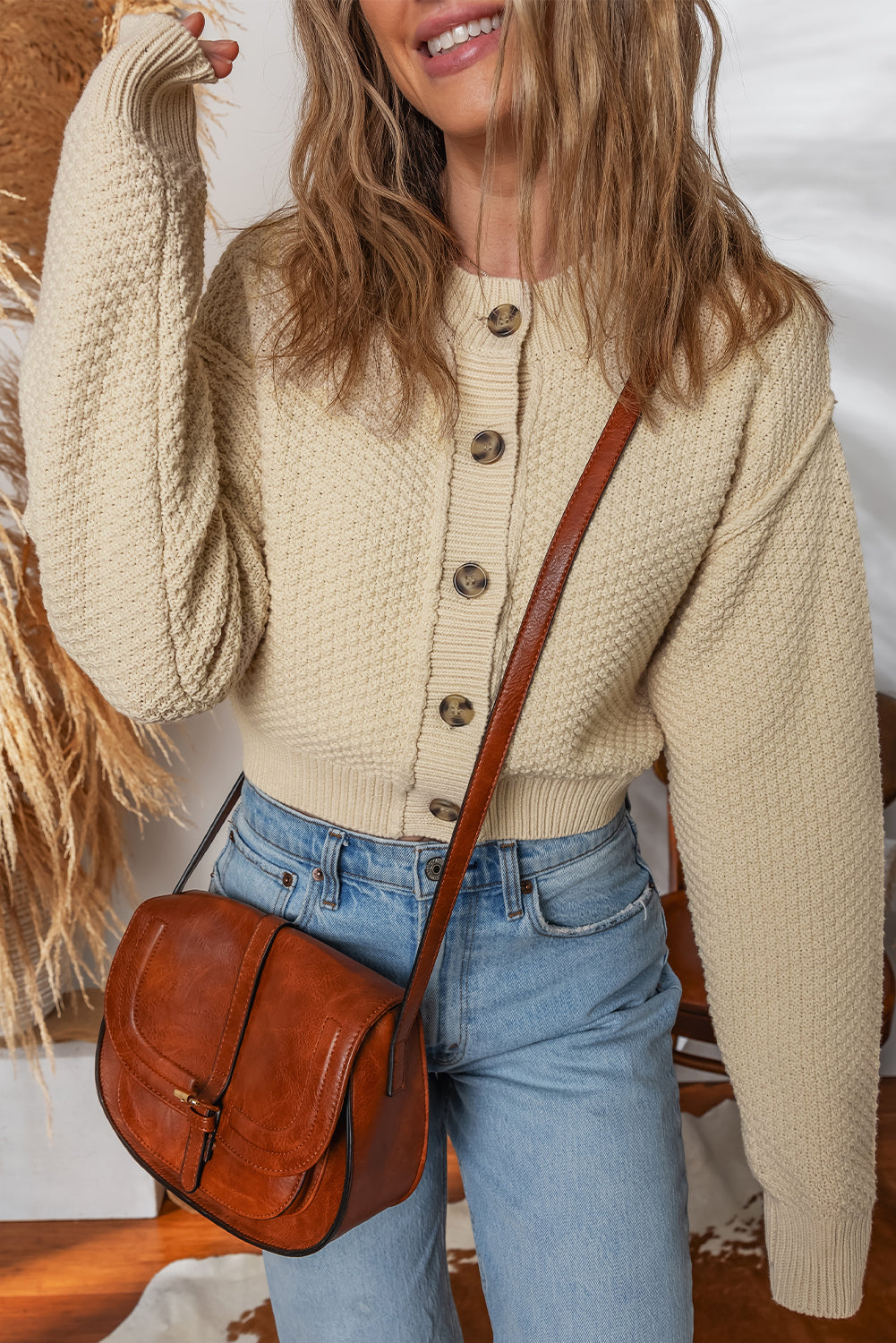 Beige Button Front Cropped Cardigan Sweater-TOPS / DRESSES-[Adult]-[Female]-2022 Online Blue Zone Planet