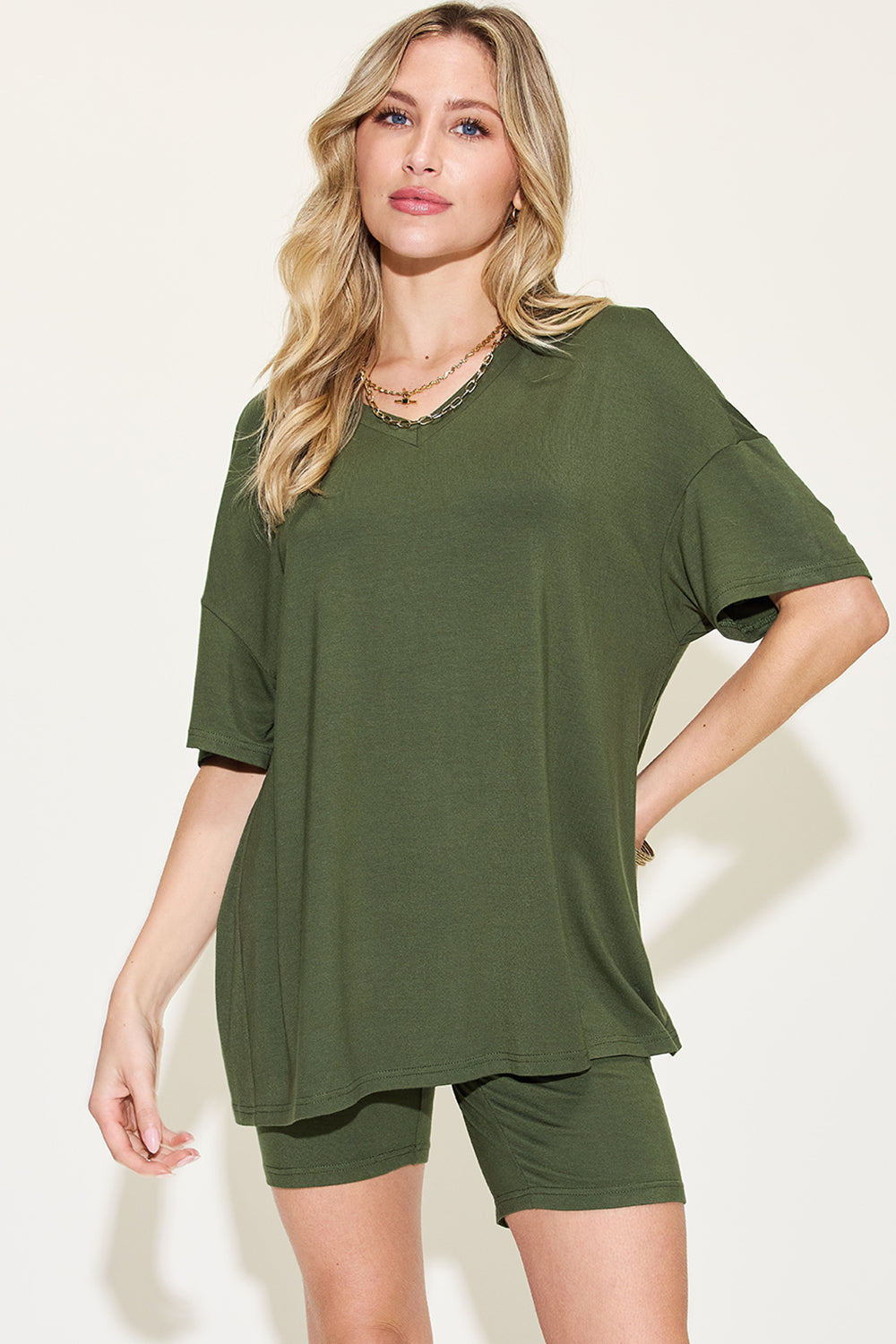 Basic Bae Full Size V-Neck Drop Shoulder T-Shirt and Shorts Set-TOPS / DRESSES-[Adult]-[Female]-Matcha Green-S-2022 Online Blue Zone Planet