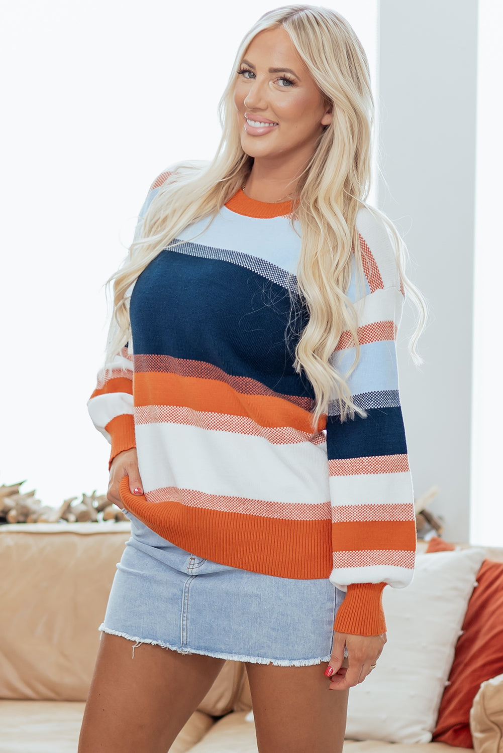 Dark Blue Color Block Round Neck Tunic Sweater-Sweaters & Cardigans/Sweaters-[Adult]-[Female]-2022 Online Blue Zone Planet