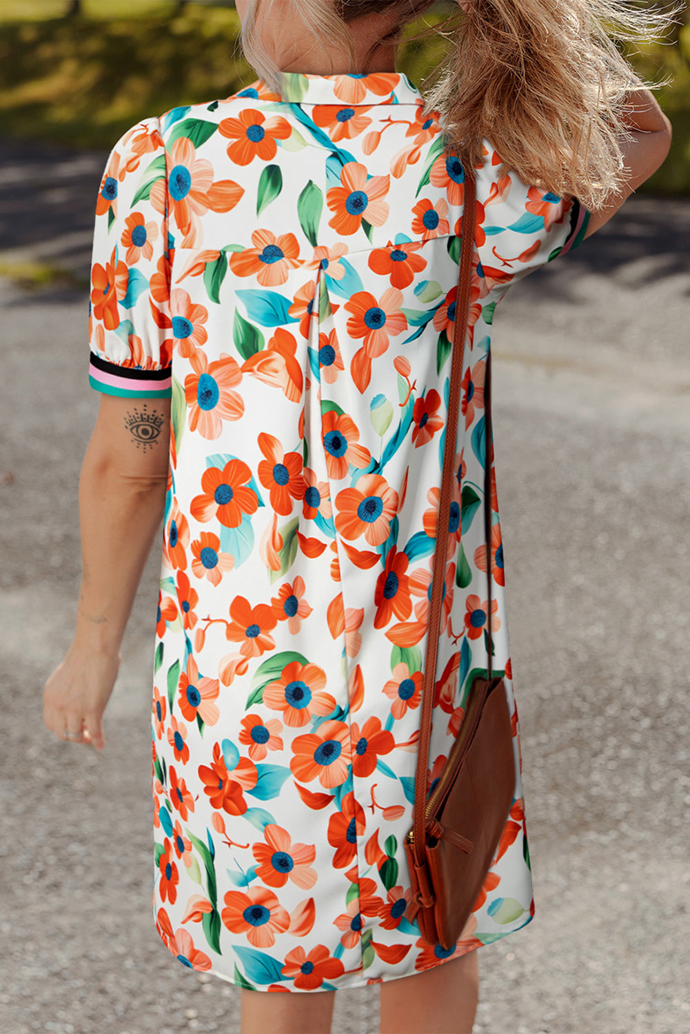 Orange Contrast Trim Floral Split Neck Puff Short Sleeve Tiered Mini Dress-TOPS / DRESSES-[Adult]-[Female]-2022 Online Blue Zone Planet