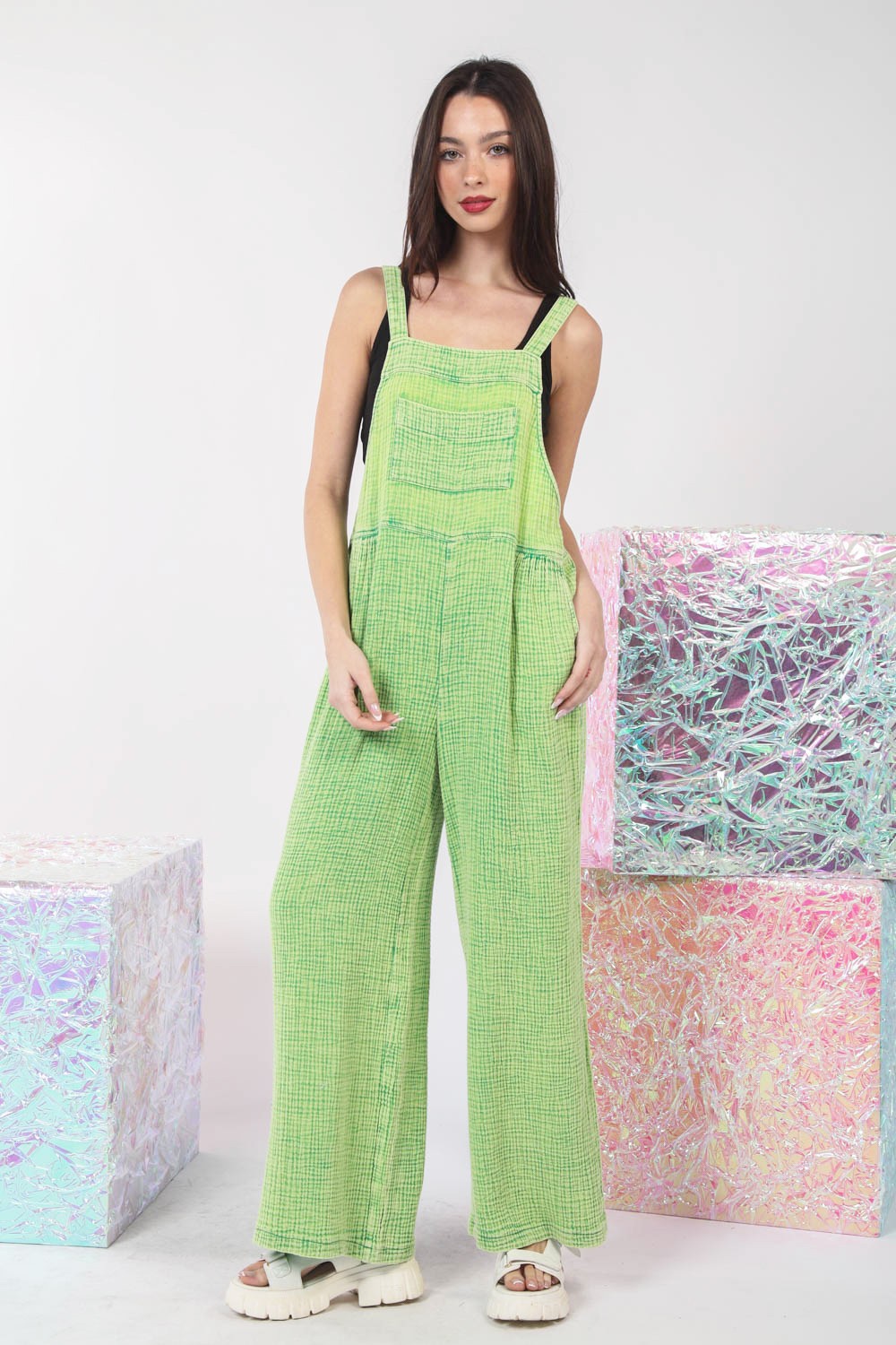 VERY J Texture Washed Wide Leg Overalls-TOPS / DRESSES-[Adult]-[Female]-Kelly Green-S-2022 Online Blue Zone Planet