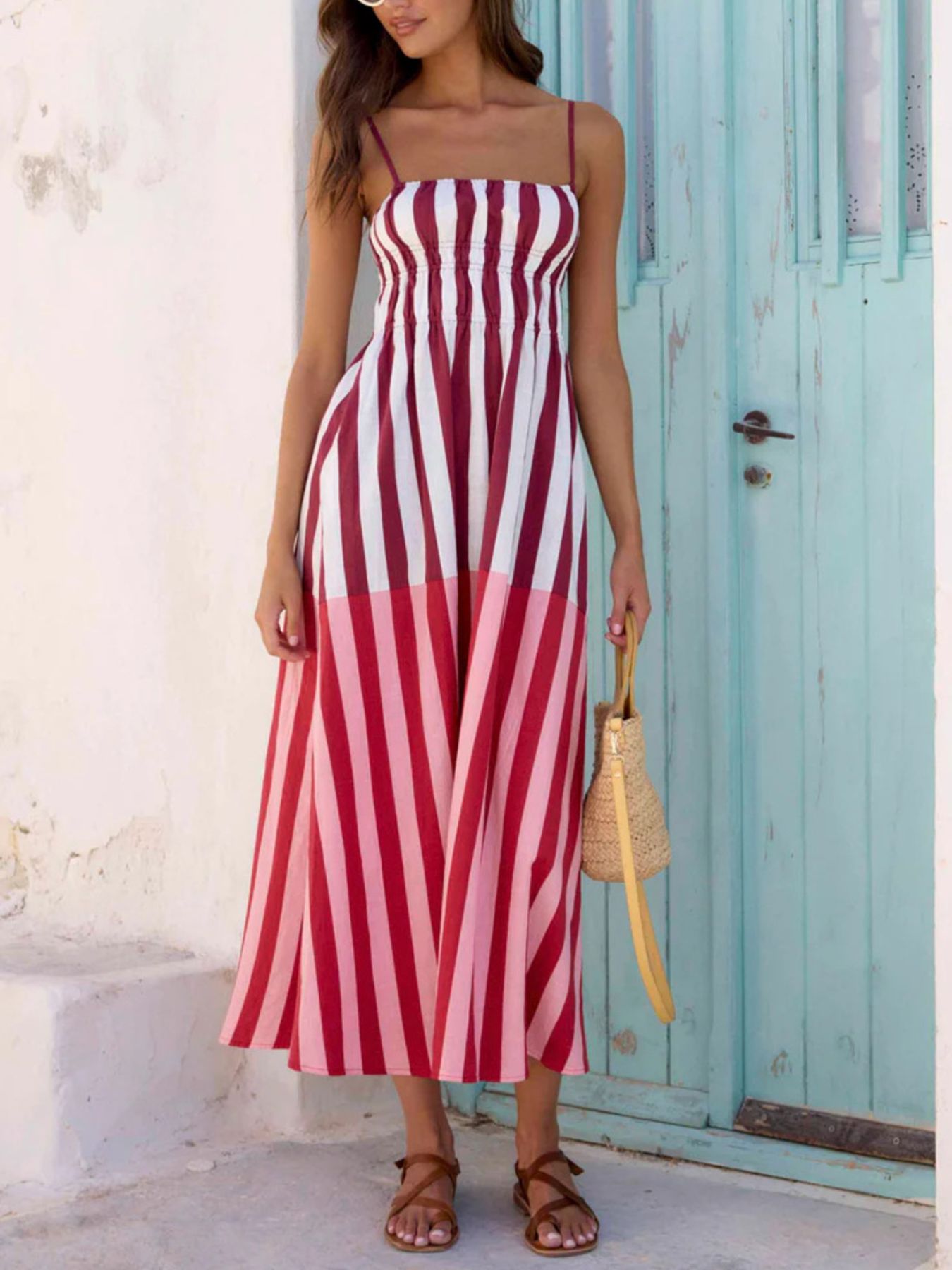 Tonia's Striped Spaghetti Strap Casual Midi Dress Red / M