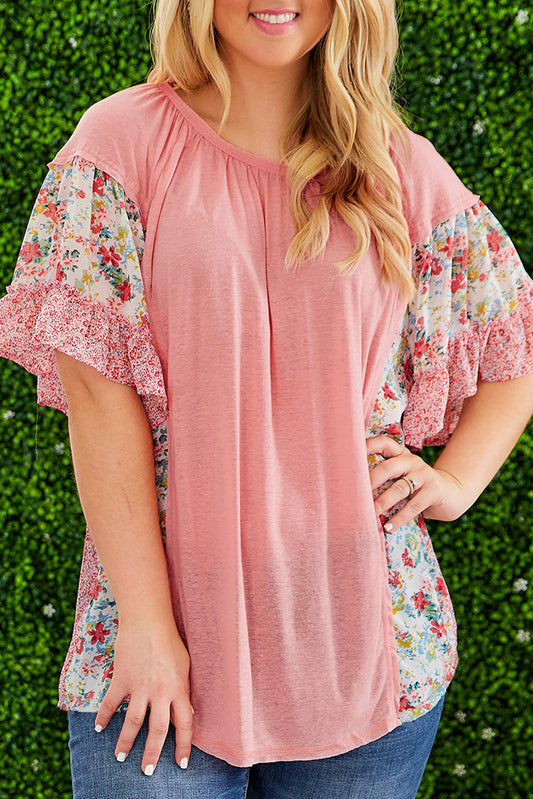 Pink Plus Size Floral Patchwork Ruffled Short Sleeve Blouse-Plus Size/Plus Size Tops/Plus Size Blouses & Shirts-[Adult]-[Female]-Pink-1X-2022 Online Blue Zone Planet