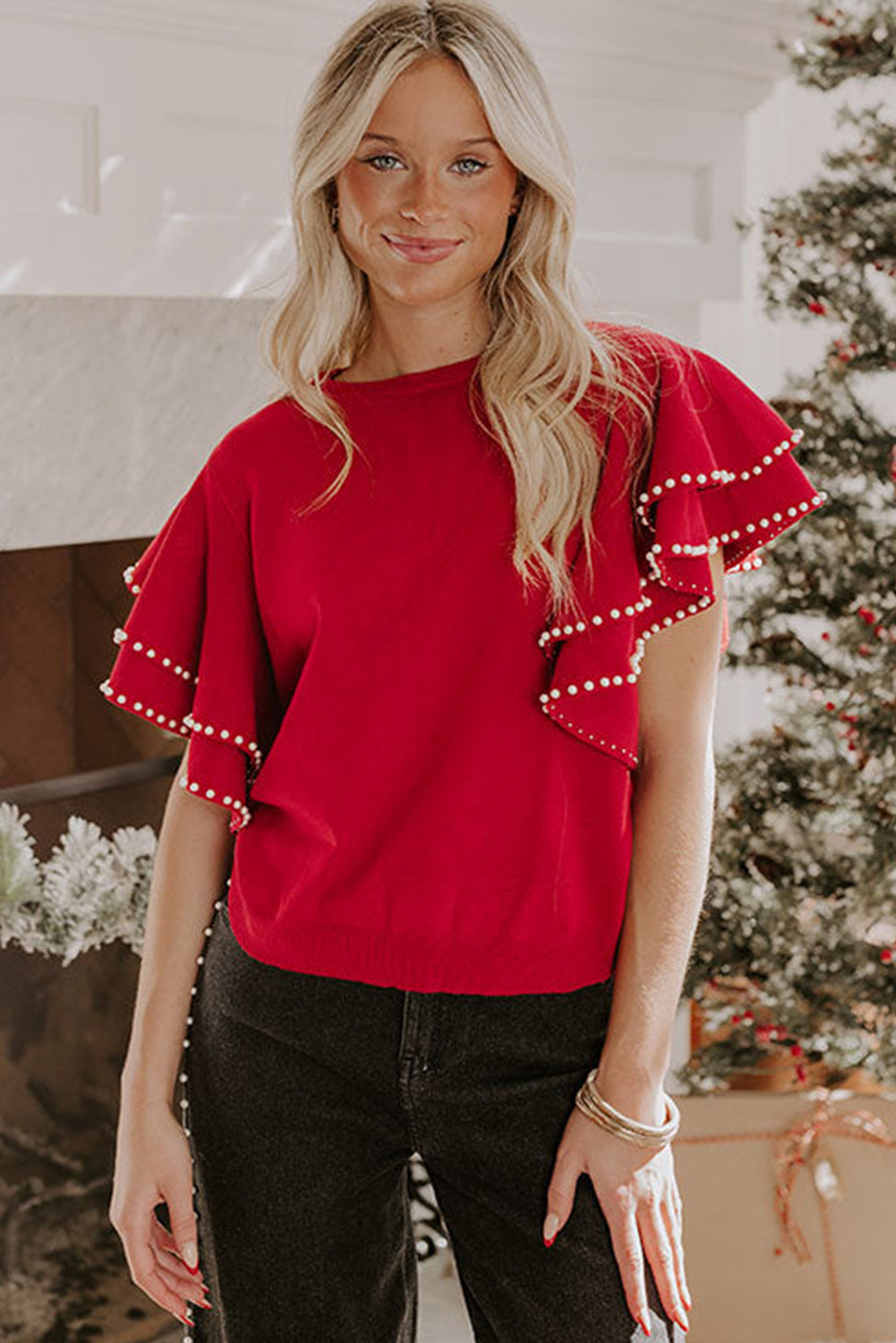 Racing Red Pearl Embellished Double Ruffle Short Sleeve Sweater-TOPS / DRESSES-[Adult]-[Female]-2022 Online Blue Zone Planet