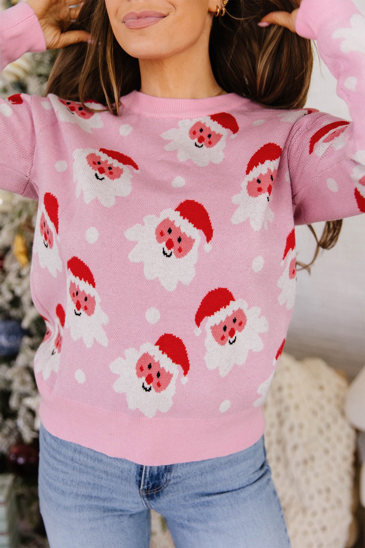 Pink Cartoon Santa Pattern Round Neck Dropped Shoulder Sweater-TOPS / DRESSES-[Adult]-[Female]-2022 Online Blue Zone Planet