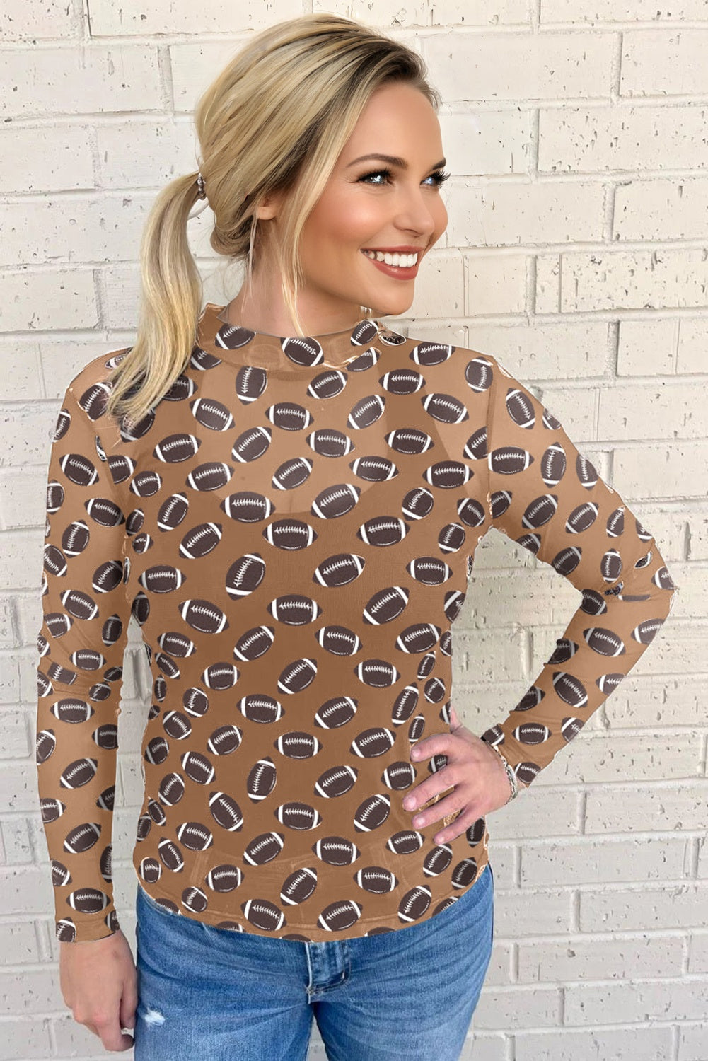 Brown Game Day Rugby Mesh Sheer Long Sleeve Top-Tops/Long Sleeve Tops-[Adult]-[Female]-2022 Online Blue Zone Planet