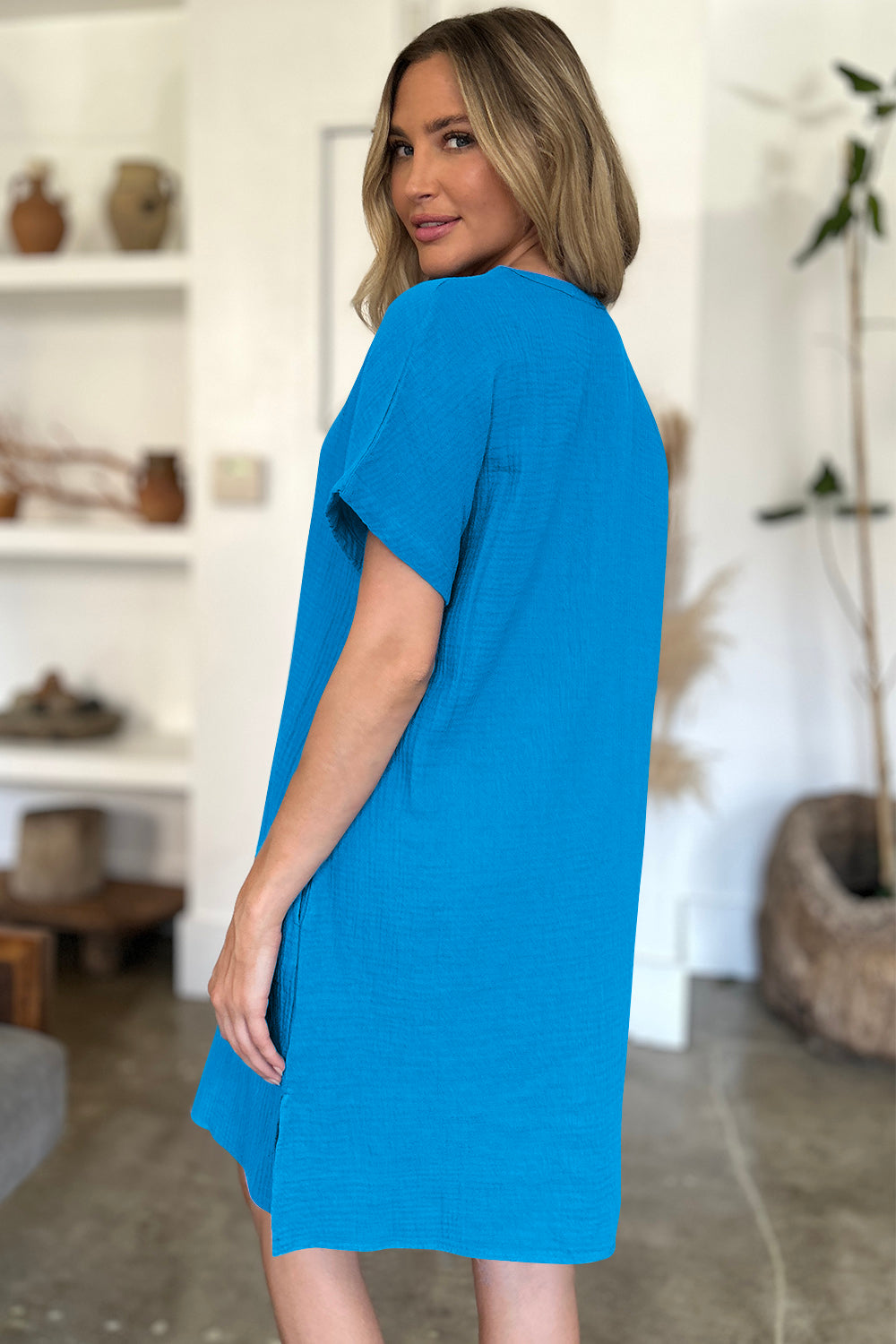 Slit Notched Short Sleeve Mini Dress-TOPS / DRESSES-[Adult]-[Female]-2022 Online Blue Zone Planet