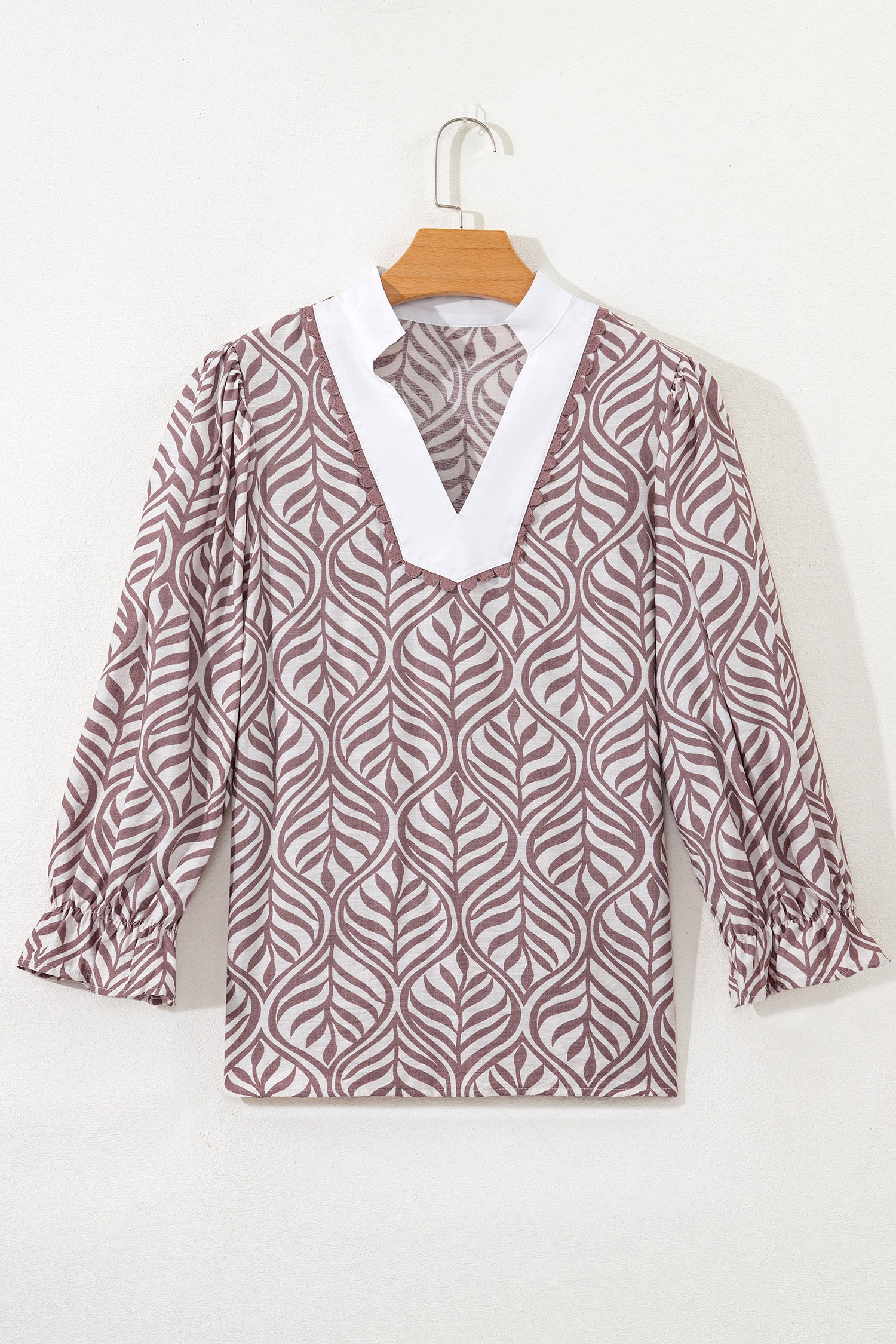 Brown Leaf Print Standing Collar Puff Sleeve Top-Tops/Blouses & Shirts-[Adult]-[Female]-2022 Online Blue Zone Planet