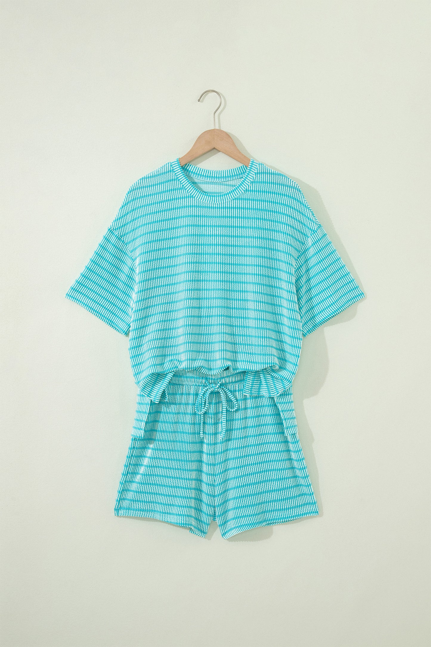 Rose Stripe Raised Rib Loose Tee Drawstring Elastic Waist 2pcs Short Set-Two Piece Sets/Short Sets-[Adult]-[Female]-2022 Online Blue Zone Planet