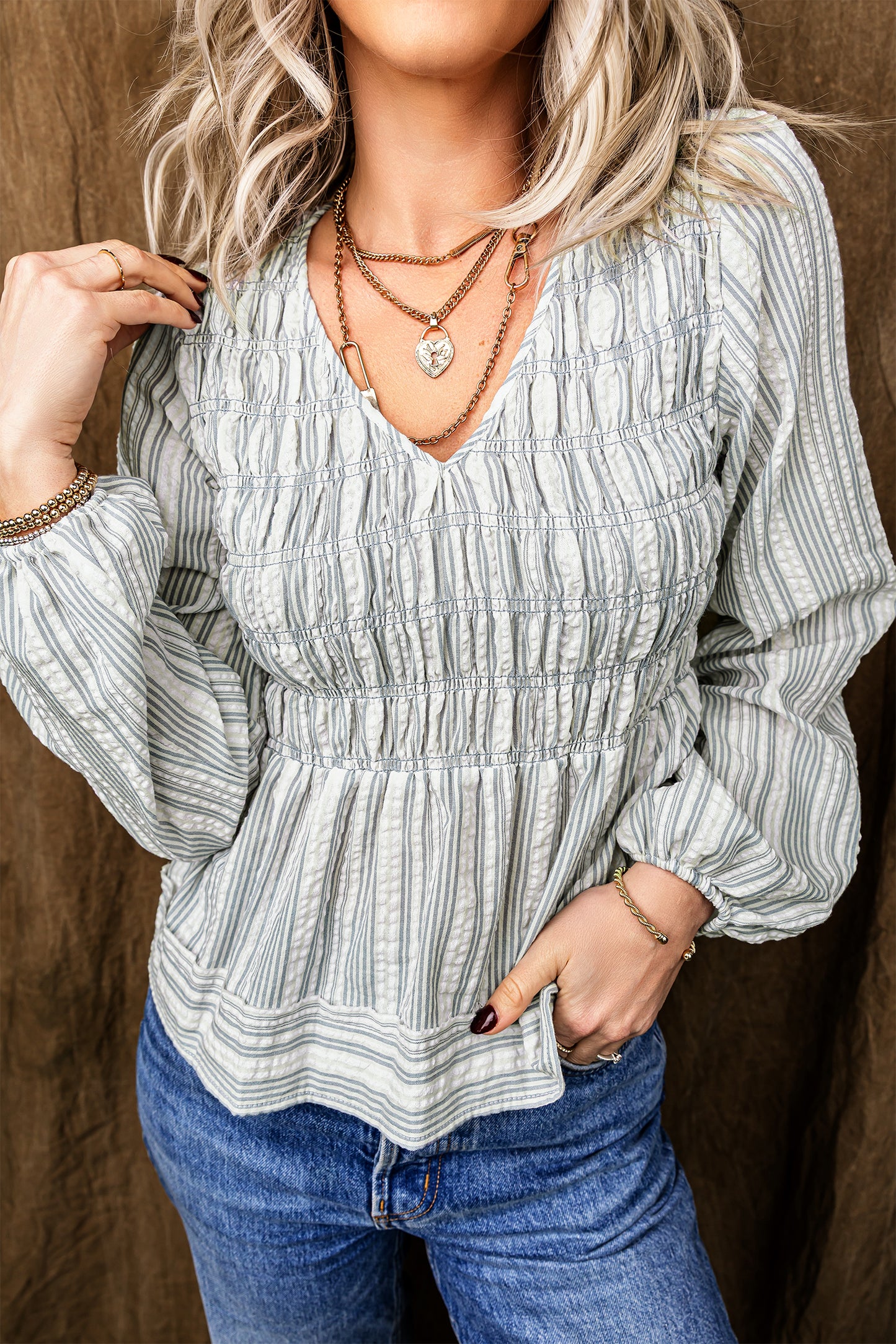 Blue Stripe V Neck Shirred Long Sleeve Blouse