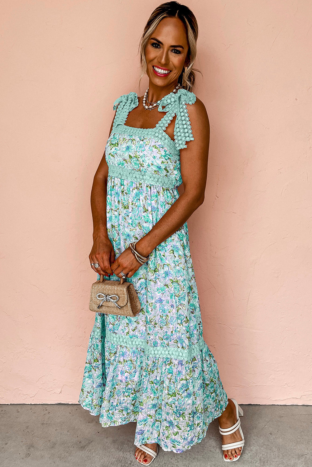 Green Floral Lace Tied Strap Empire Waist Maxi Dress-TOPS / DRESSES-[Adult]-[Female]-2022 Online Blue Zone Planet