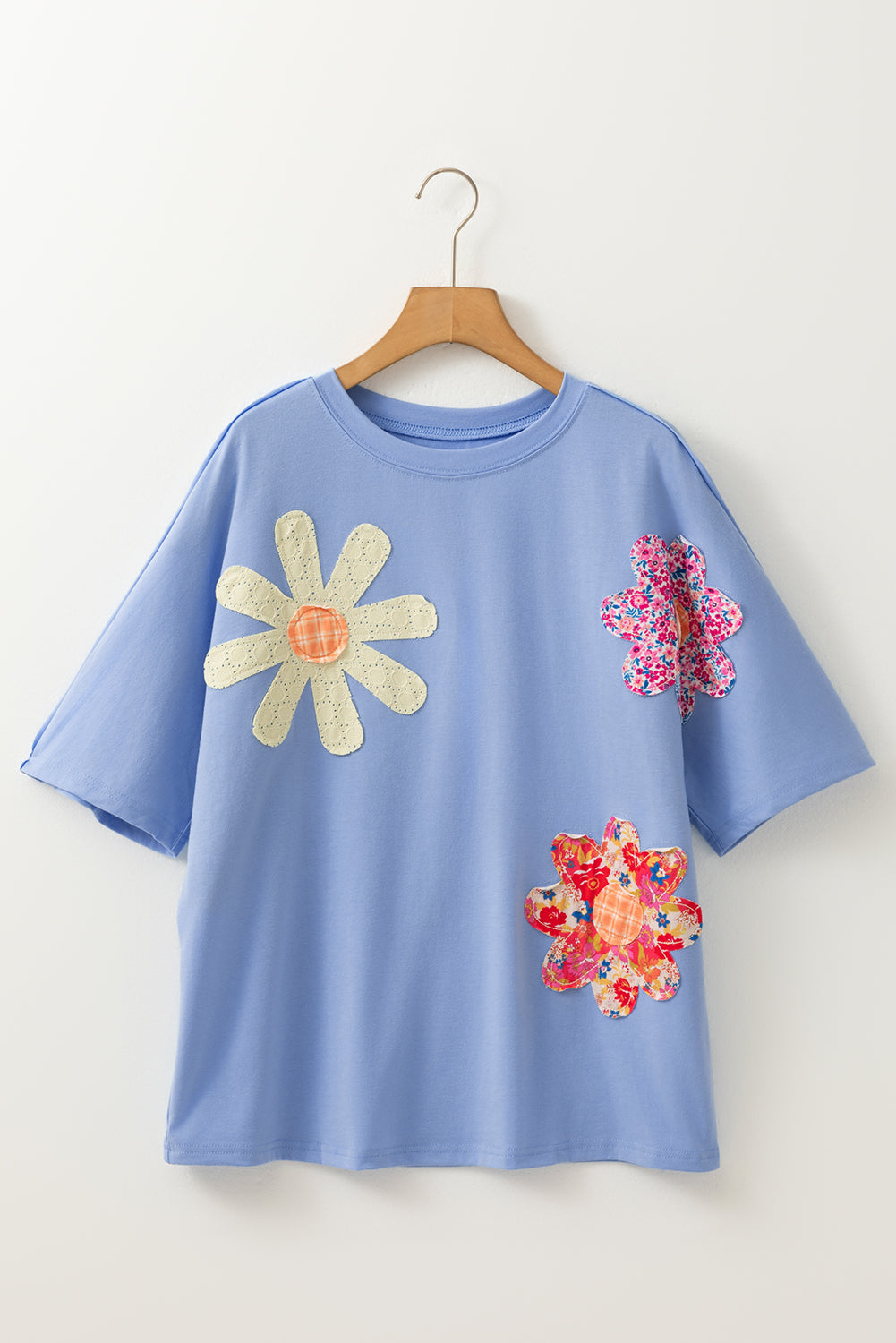 Sky Blue Flower Patched Exposed Stitching Trim Crew Neck Loose Tee-Tops/Tops & Tees-[Adult]-[Female]-2022 Online Blue Zone Planet