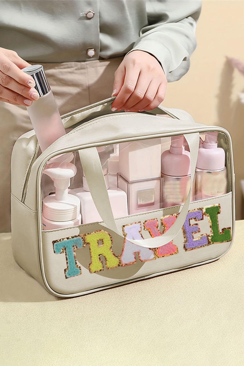 Light Pink Travel Chenille Letter Clear Pvc Makeup Bag-Shoes & Bags/Makeup Bags-[Adult]-[Female]-Parchment-ONE SIZE-2022 Online Blue Zone Planet