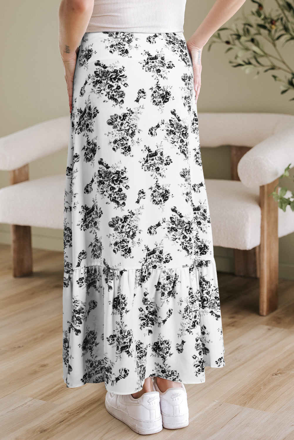 Black Boho Floral High Waist Ruffle Split Maxi Skirt-Bottoms/Skirts & Petticoat-[Adult]-[Female]-2022 Online Blue Zone Planet