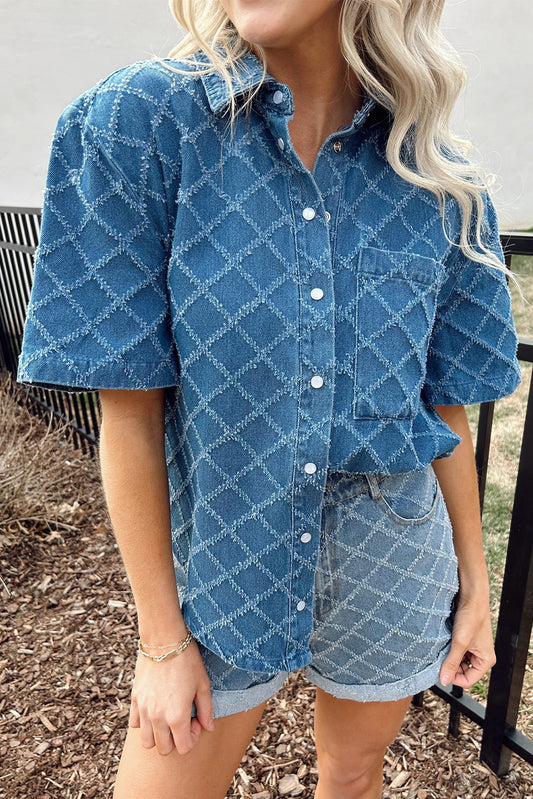 Dusk Blue Checkered Textured Short Sleeve Patched Pocket Denim Shirt-Tops/Blouses & Shirts-[Adult]-[Female]-Dusk Blue-S-2022 Online Blue Zone Planet
