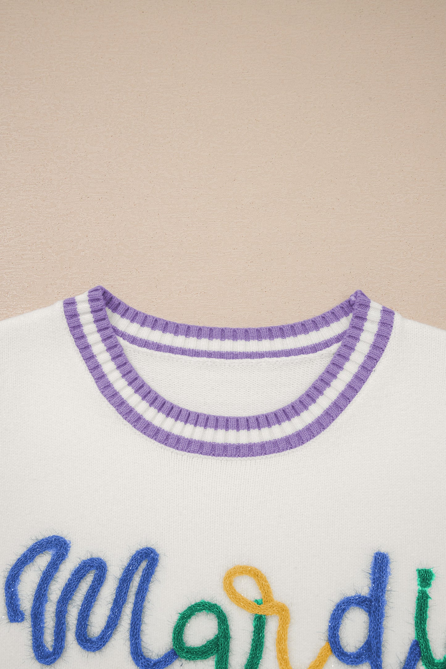 White Mardi Gras Tinsel Letter Graphic Short Sleeve Sweater-Sweaters & Cardigans/Short Sleeve Sweaters-[Adult]-[Female]-2022 Online Blue Zone Planet