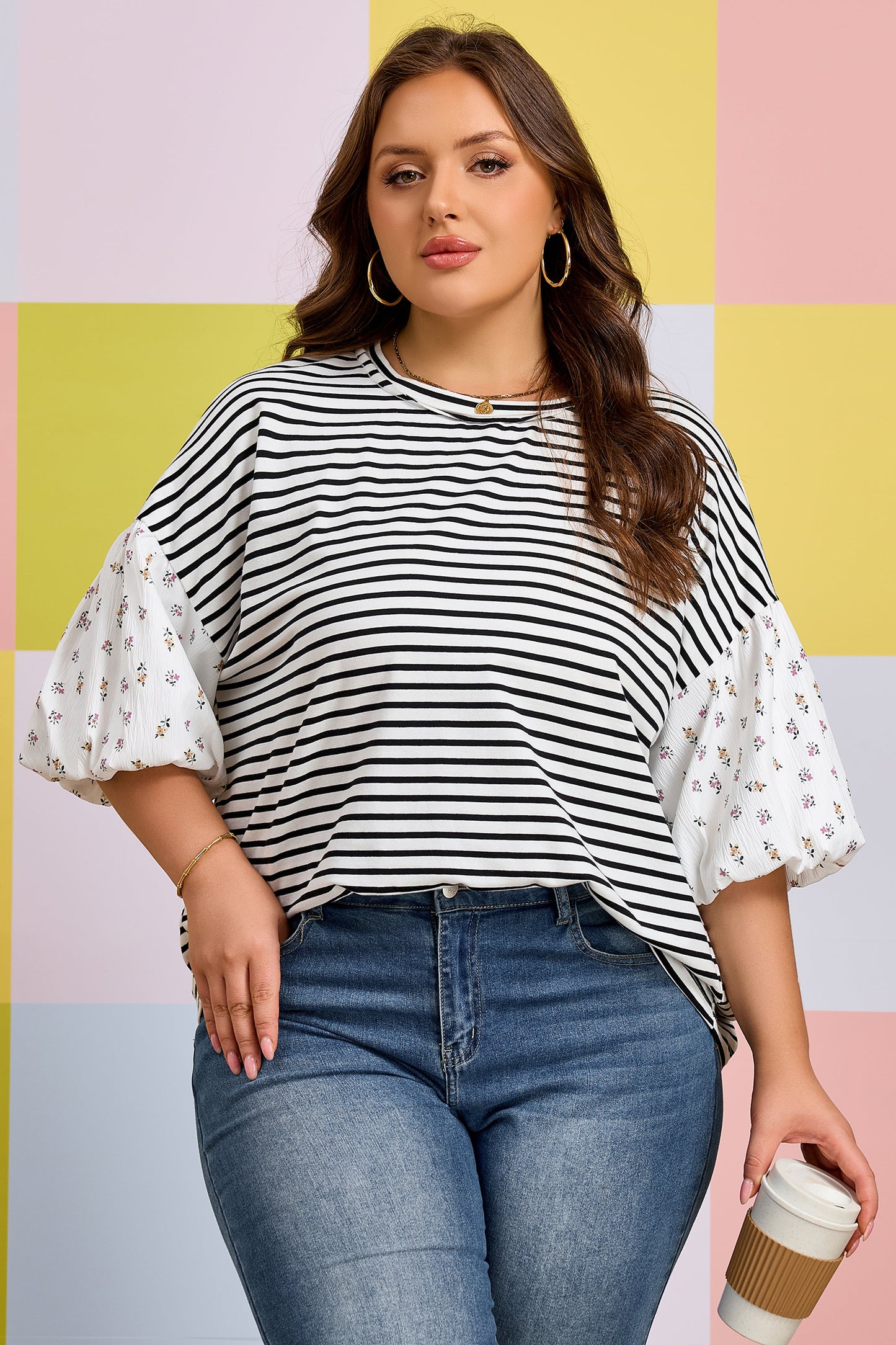 Black Stripe Plus Size Striped Short Sleeve Top With Floral Puff Sleeves-Plus Size/Plus Size Tops/Plus Size Blouses & Shirts-[Adult]-[Female]-2022 Online Blue Zone Planet