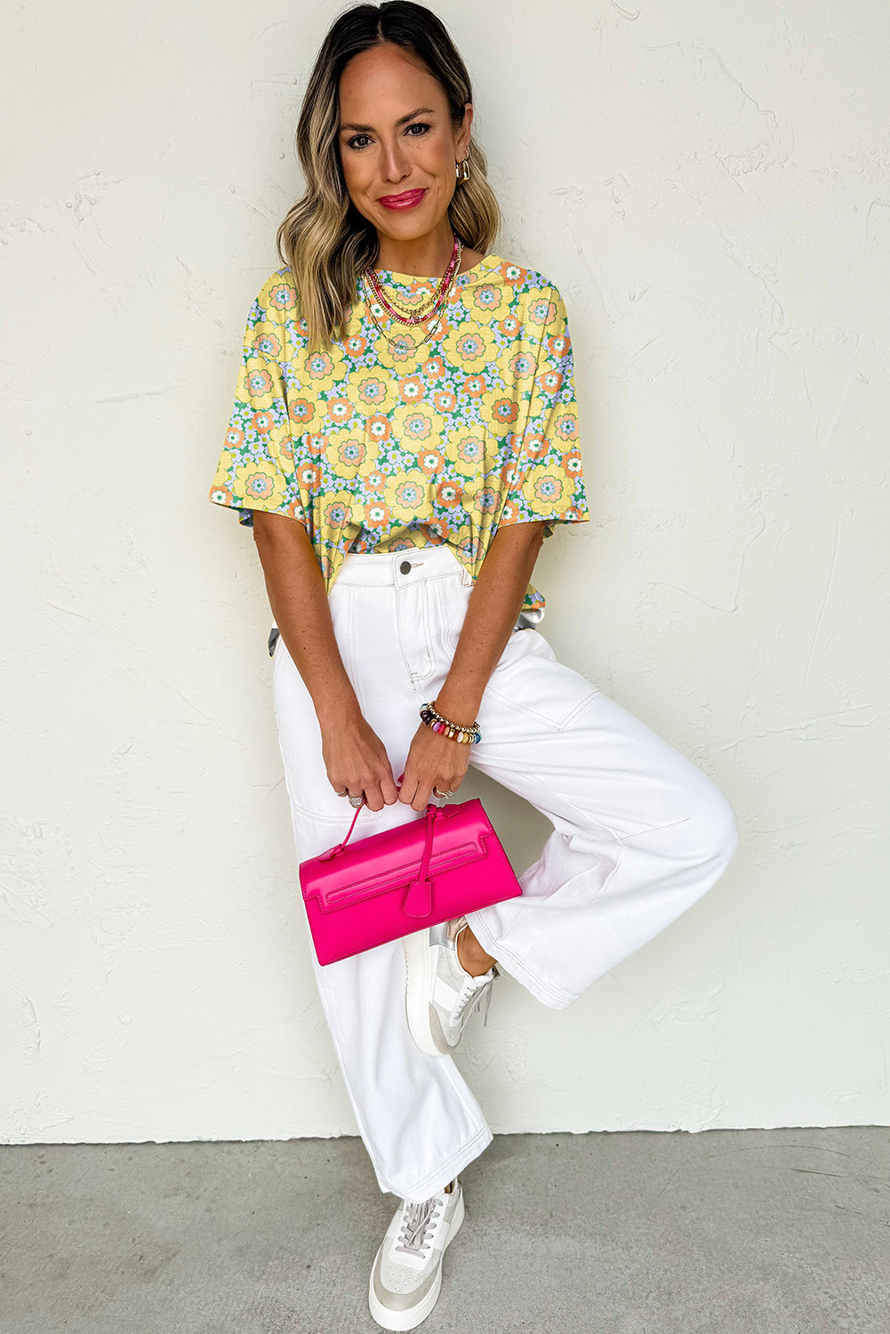 Yellow Summer Flower Printed Drop Shoulder Loose T Shirt-Tops/Tops & Tees-[Adult]-[Female]-2022 Online Blue Zone Planet
