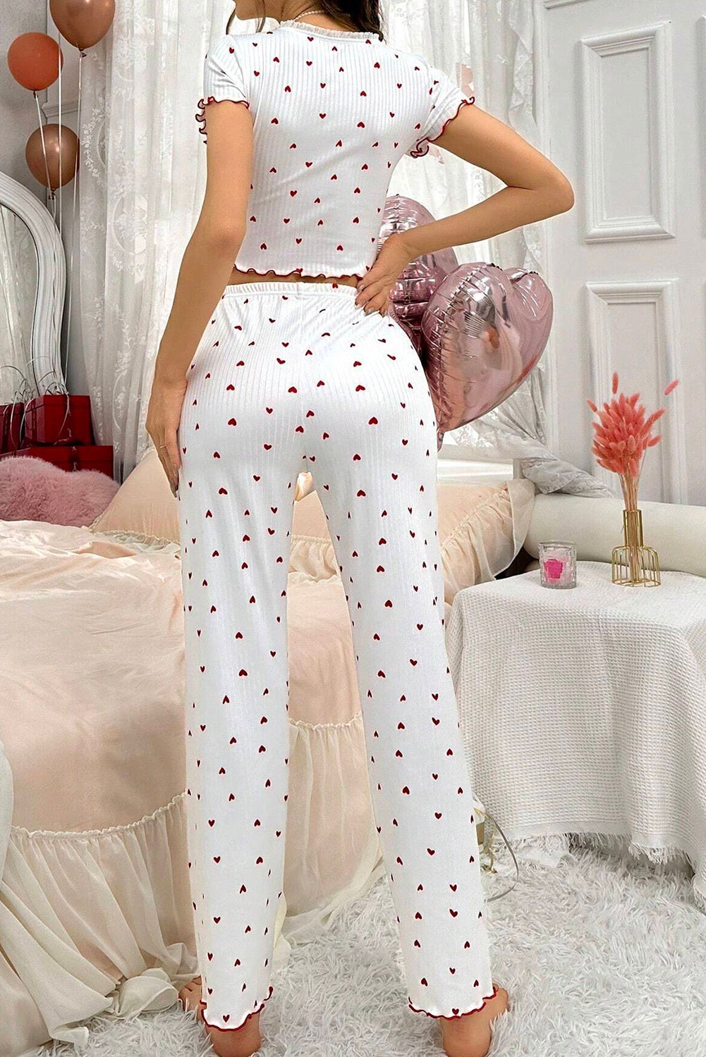 White Valentines Heart Pattern Tee and Pants Pajama Set-Loungewear Set-[Adult]-[Female]-2022 Online Blue Zone Planet