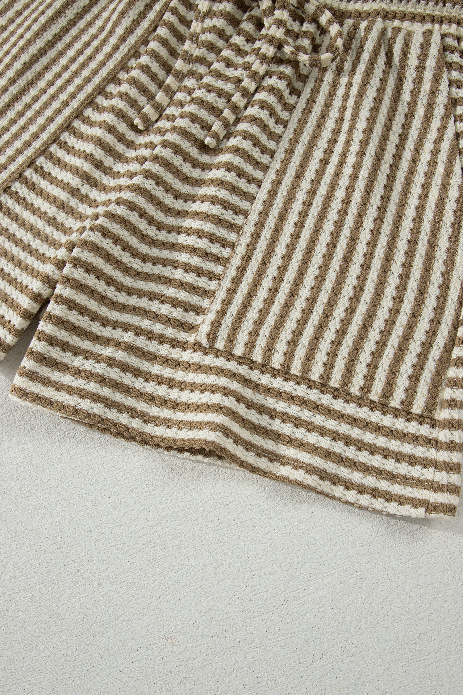 Brown Stripe Breathable Textured Knit Short 2pcs Set-Two Piece Sets/Short Sets-[Adult]-[Female]-2022 Online Blue Zone Planet