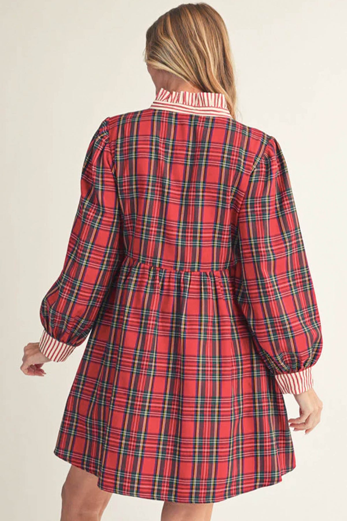 Red Plaid Striped V Neck Collar Cuff Details Shift Plus Size Dress