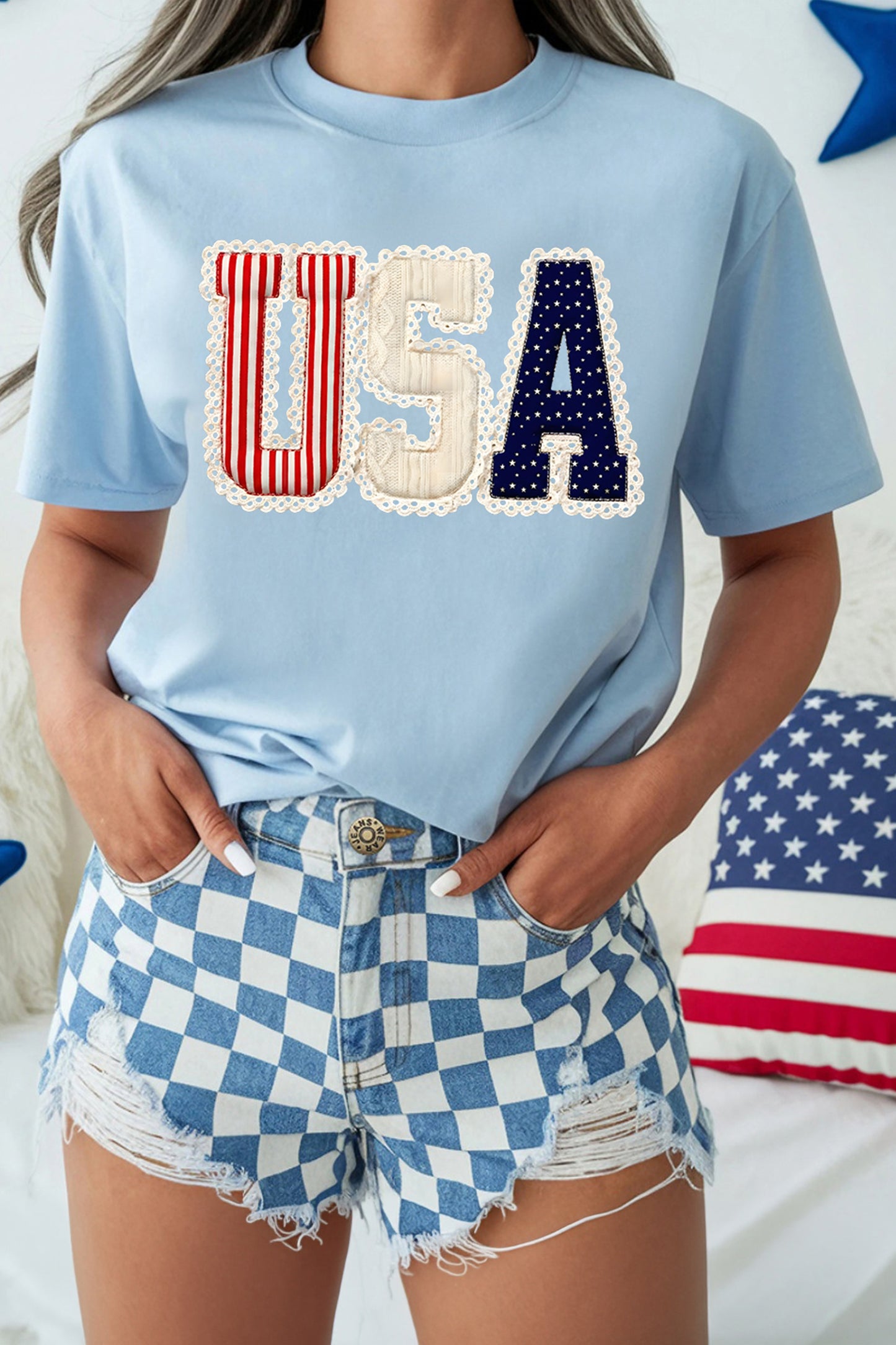 Light Blue Usa Patriotic Printed T Shirt-Graphic/Graphic Tees-[Adult]-[Female]-2022 Online Blue Zone Planet
