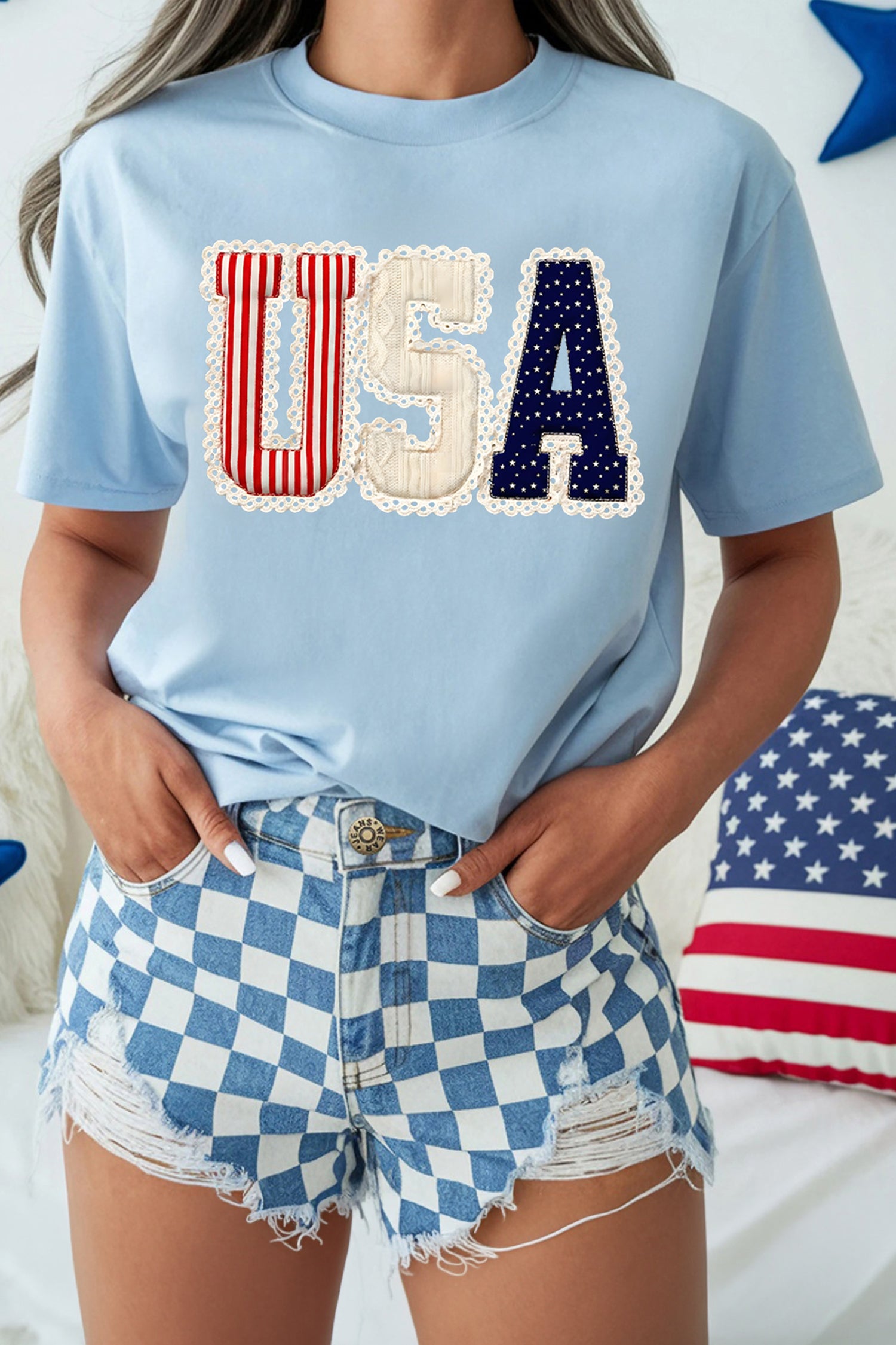 Light Blue Usa Patriotic Printed T Shirt-Graphic/Graphic Tees-[Adult]-[Female]-2022 Online Blue Zone Planet