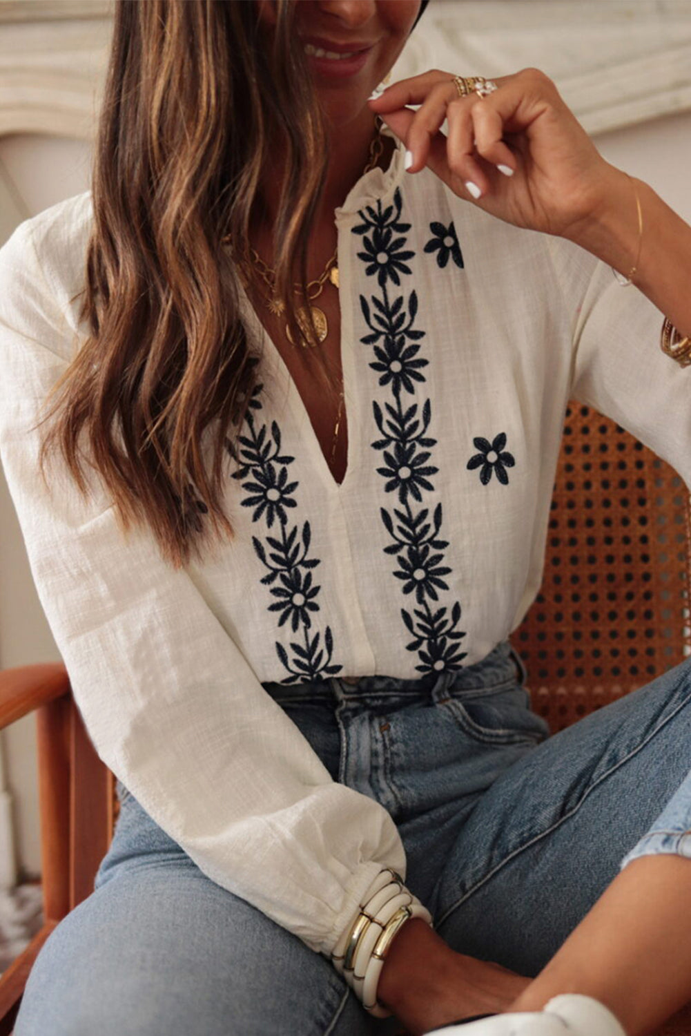 Blue Zone Planet | White Floral Embroidered Frilled V Neck Puff Sleeve Blouse-Tops/Blouses & Shirts-[Adult]-[Female]-2022 Online Blue Zone Planet