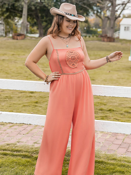 Plus Size Lace Detail Spaghetti Strap Wide Leg Jumpsuit-BOTTOMS SIZES SMALL MEDIUM LARGE-[Adult]-[Female]-Orange-0XL-2022 Online Blue Zone Planet